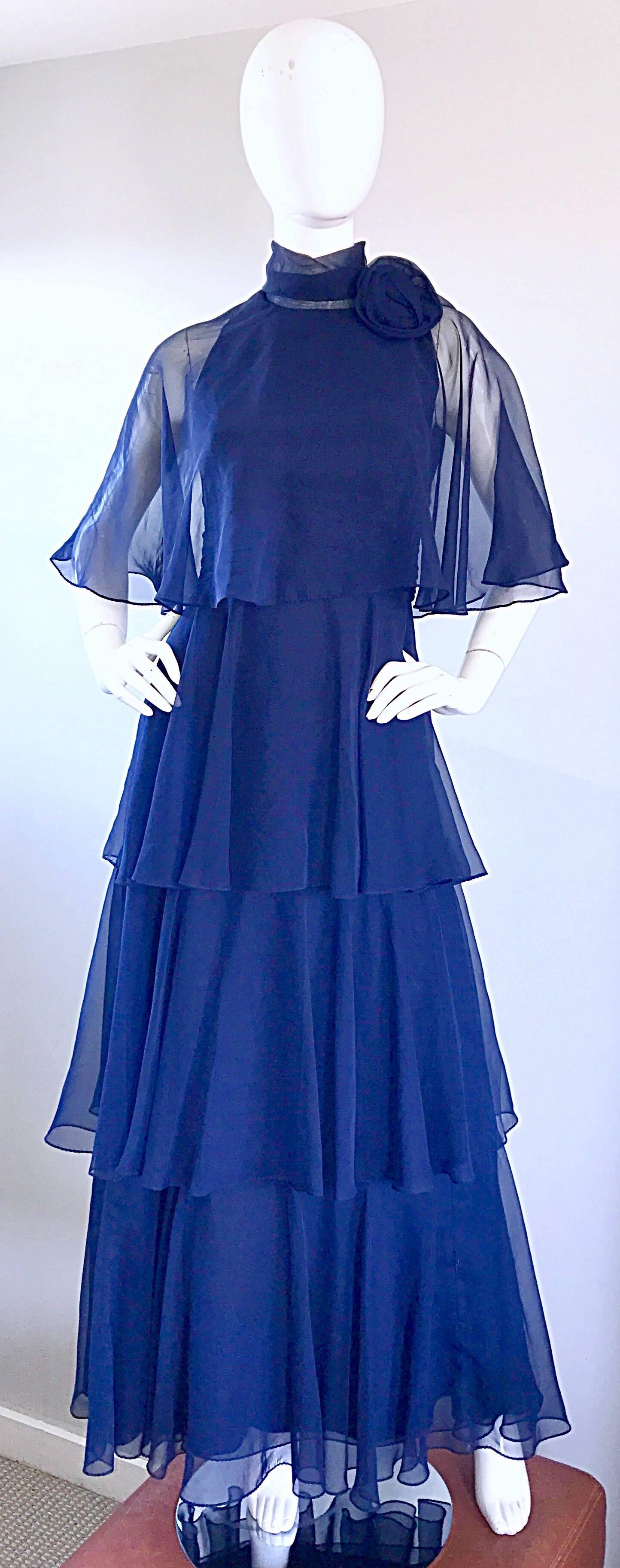 1970s Elliette Lewis Navy Blue Chiffon High Neck Caped Tiered Gown / Maxi Dress For Sale 3