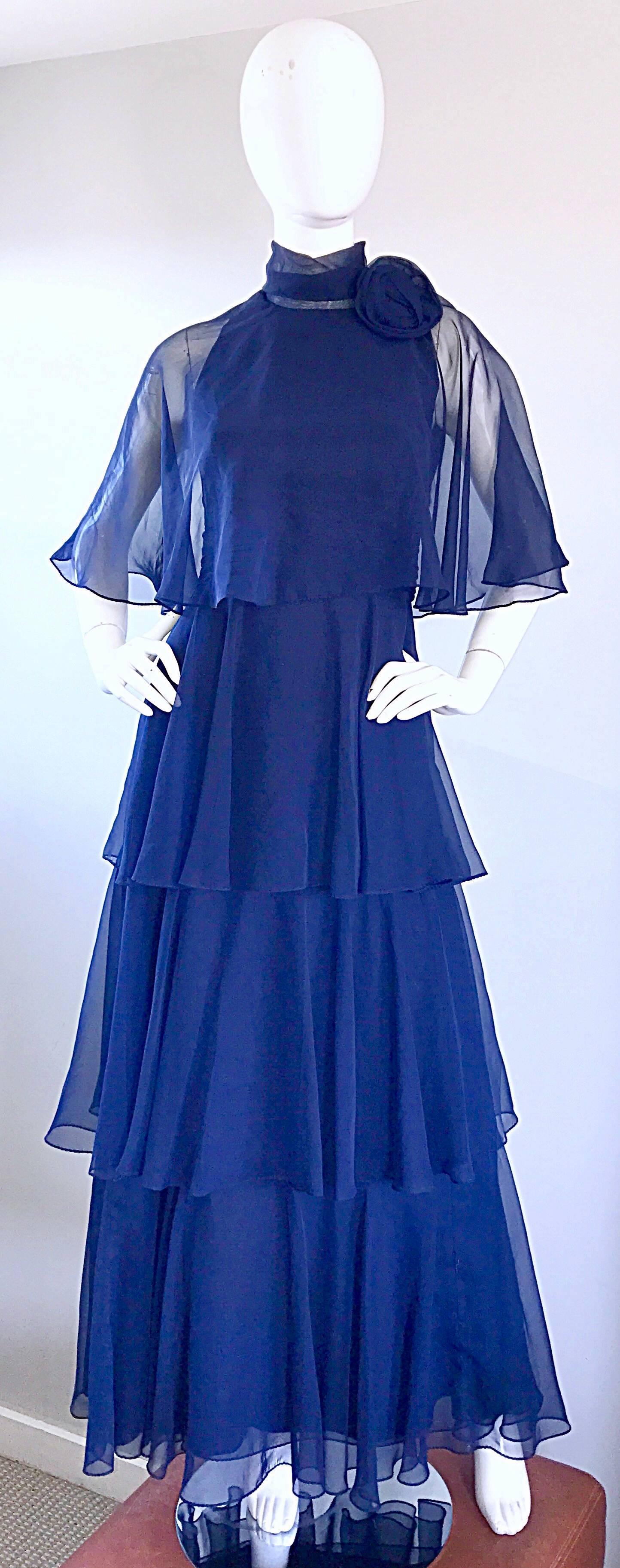 1970s Elliette Lewis Navy Blue Chiffon High Neck Caped Tiered Gown / Maxi Dress 3