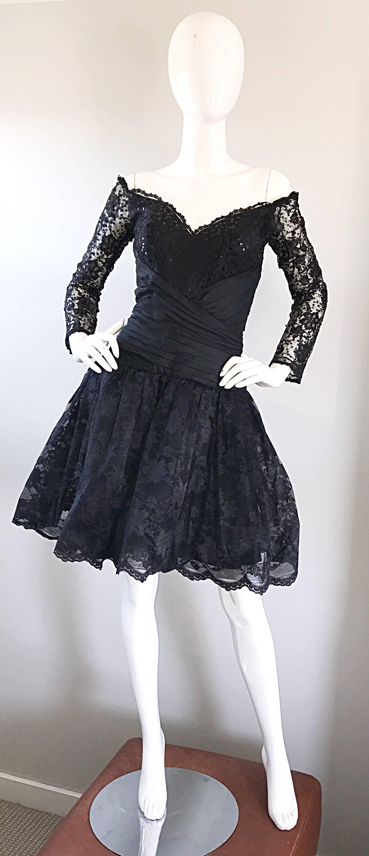Gorgeous vintage 1980s TADASHI SHOJI black taffeta off-the-shoulder cocktail dress! Features hundreds of hand-sewn black sequins throughout the bodice and sleeves. Taffeta pleated waistband, w/ an amazing full 'pouf' skirt! Sleek tailored long