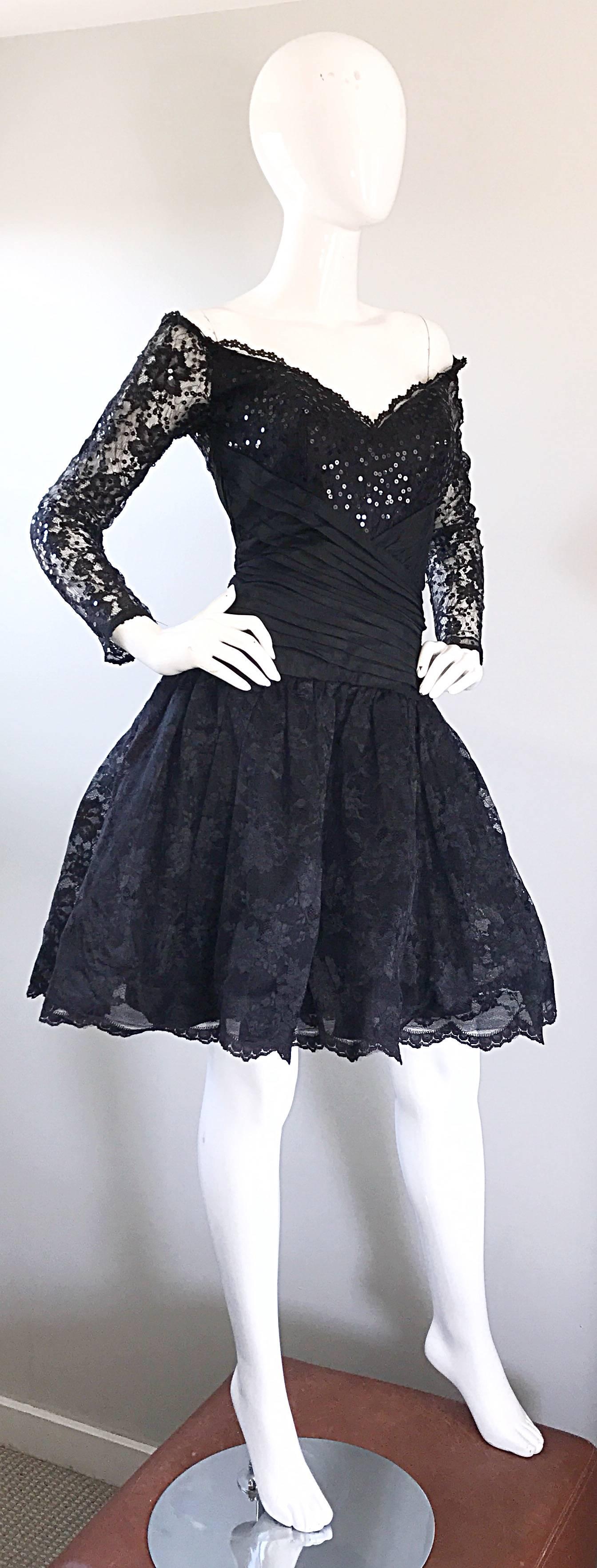 Vintage 80s Tadashi Shoji Black Off  Shoulder Taffeta Sequin Lace Cocktail Dress In Excellent Condition In San Diego, CA