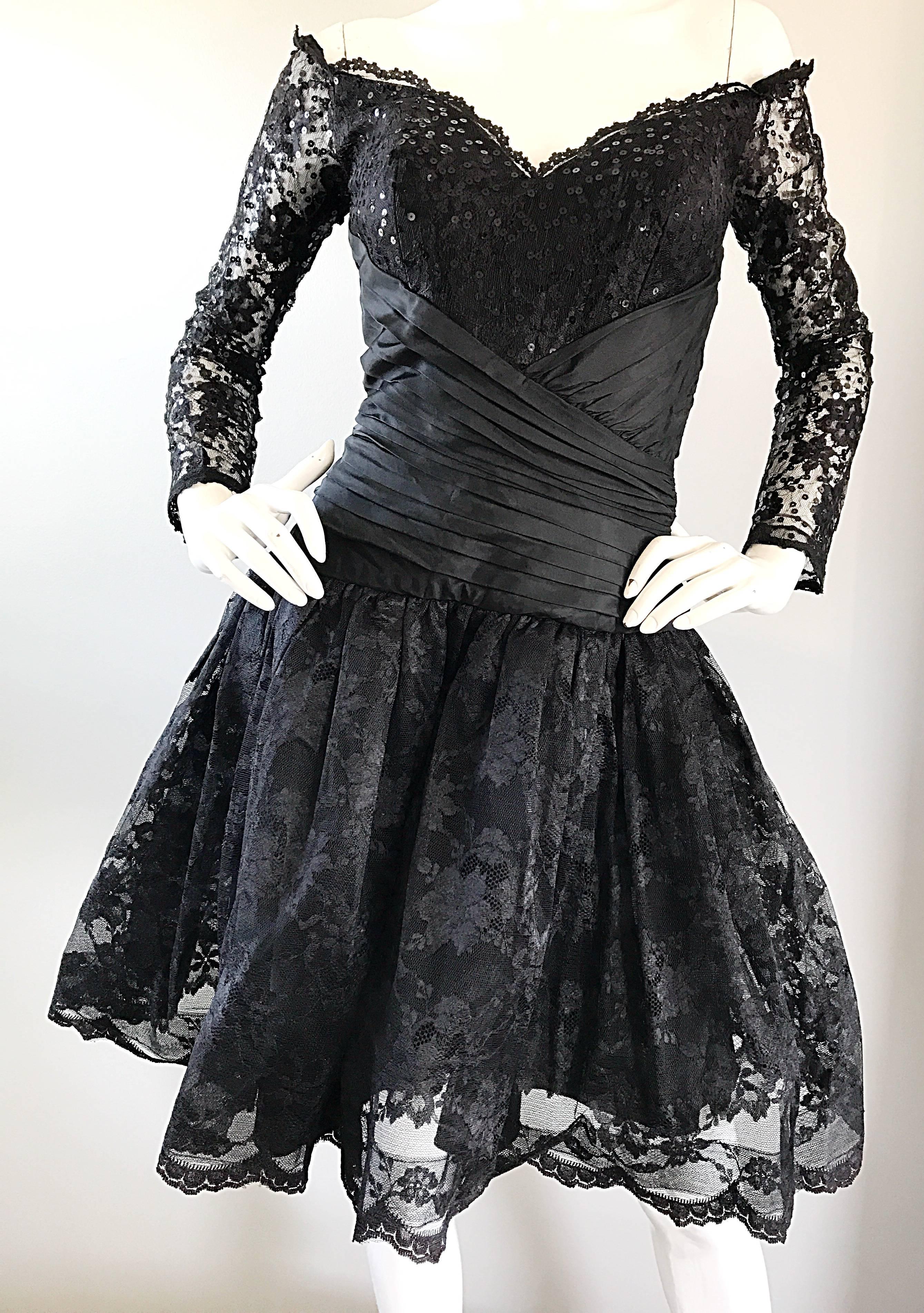 Women's Vintage 80s Tadashi Shoji Black Off  Shoulder Taffeta Sequin Lace Cocktail Dress