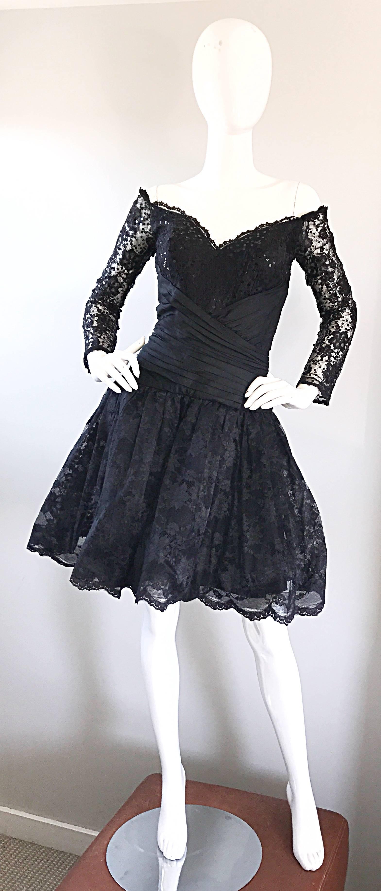 Vintage 80s Tadashi Shoji Black Off  Shoulder Taffeta Sequin Lace Cocktail Dress 2