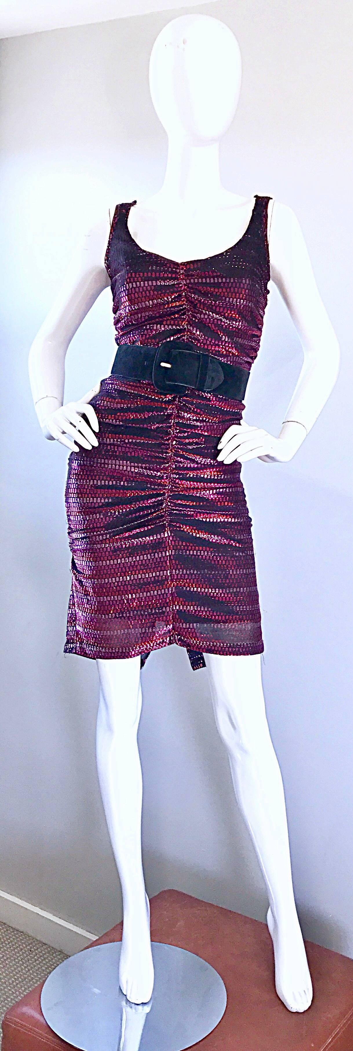 Black 1970s Sexy Pink + Red Metallic Ruched Vintage 70s Studio 54 Disco Dress 