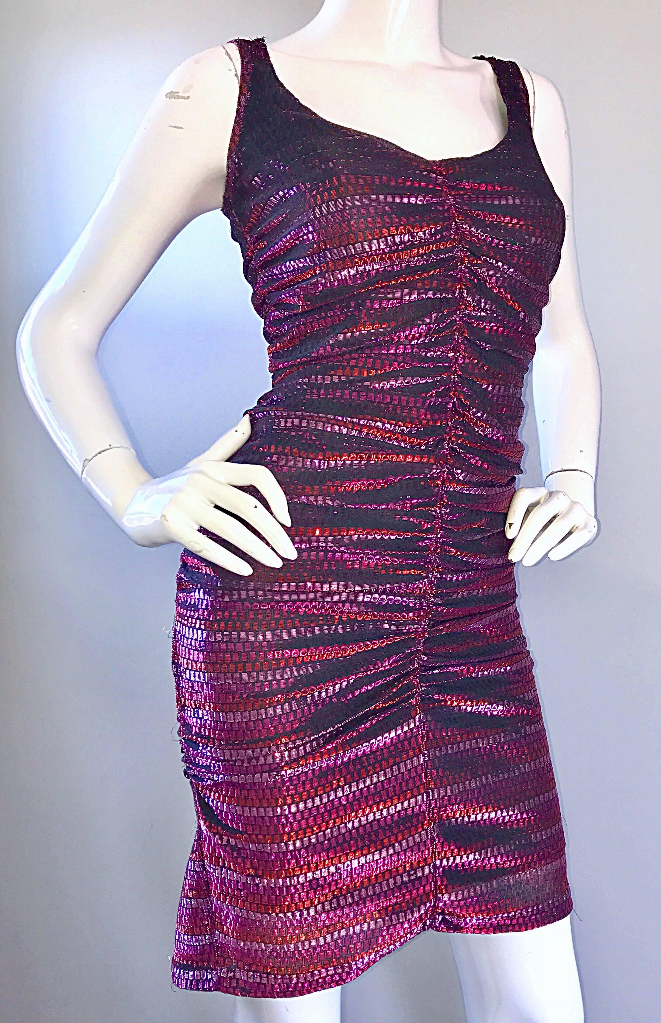 1970s Sexy Pink + Red Metallic Ruched Vintage 70s Studio 54 Disco Dress  In Excellent Condition In San Diego, CA