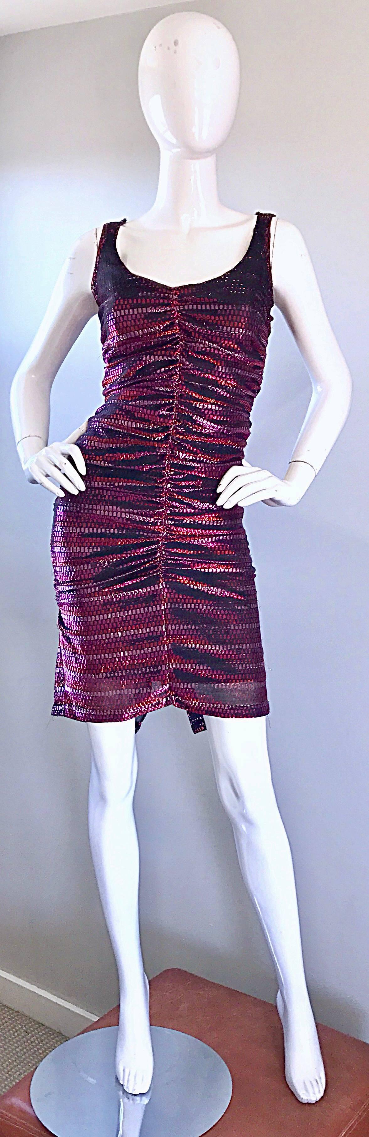 1970s Sexy Pink + Red Metallic Ruched Vintage 70s Studio 54 Disco Dress  2