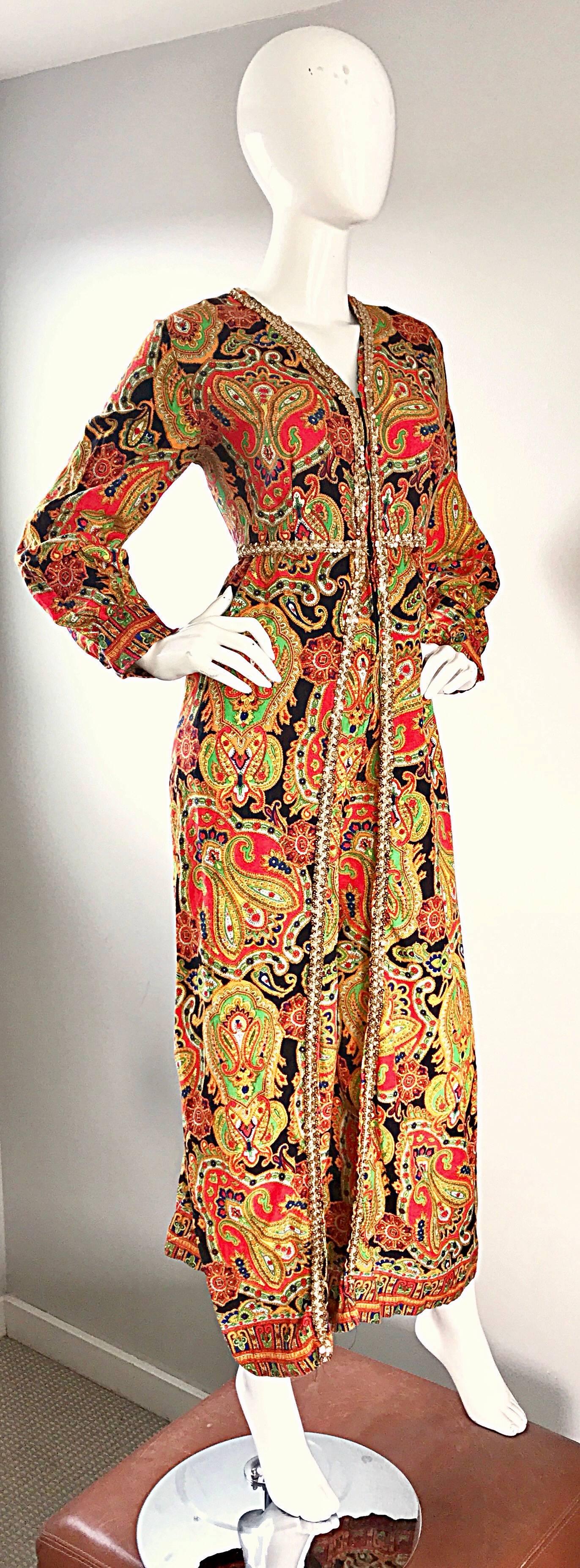 Brown Amazing 1970s Psychedelic Paisley Gold Sequin Long Sleeve Vintage 70s Jumpsuit