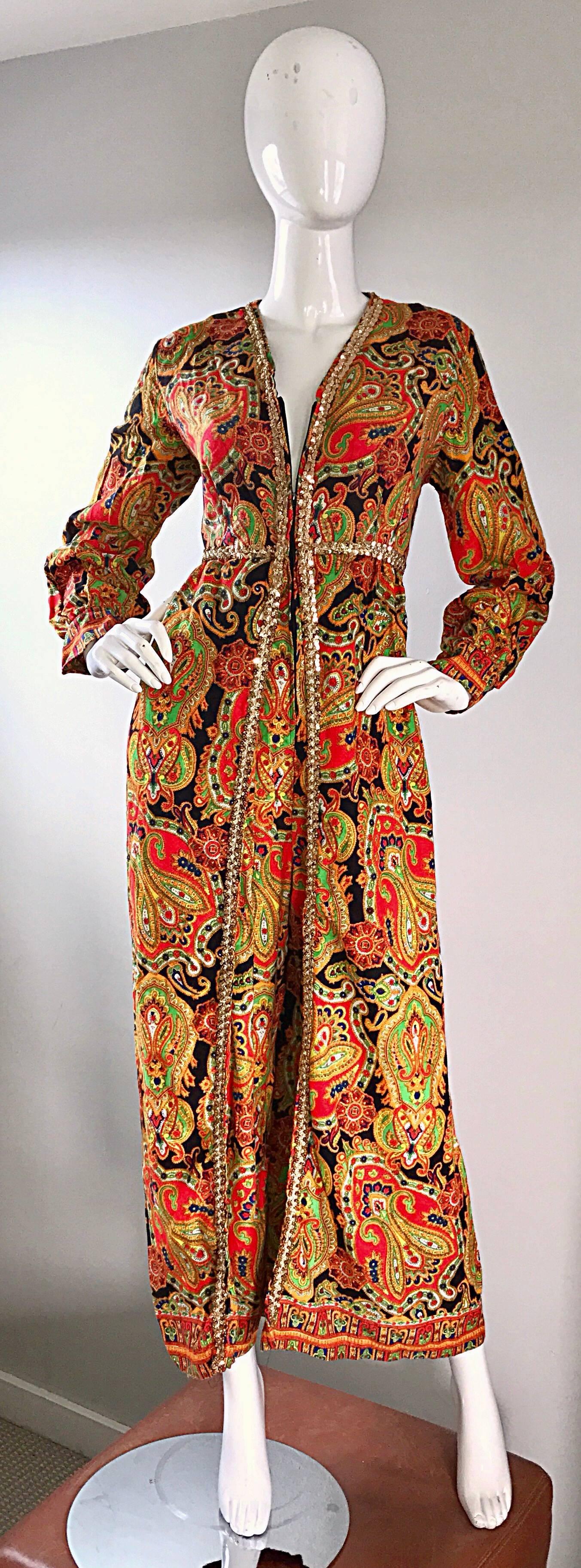 Amazing 1970s Psychedelic Paisley Gold Sequin Long Sleeve Vintage 70s Jumpsuit 1