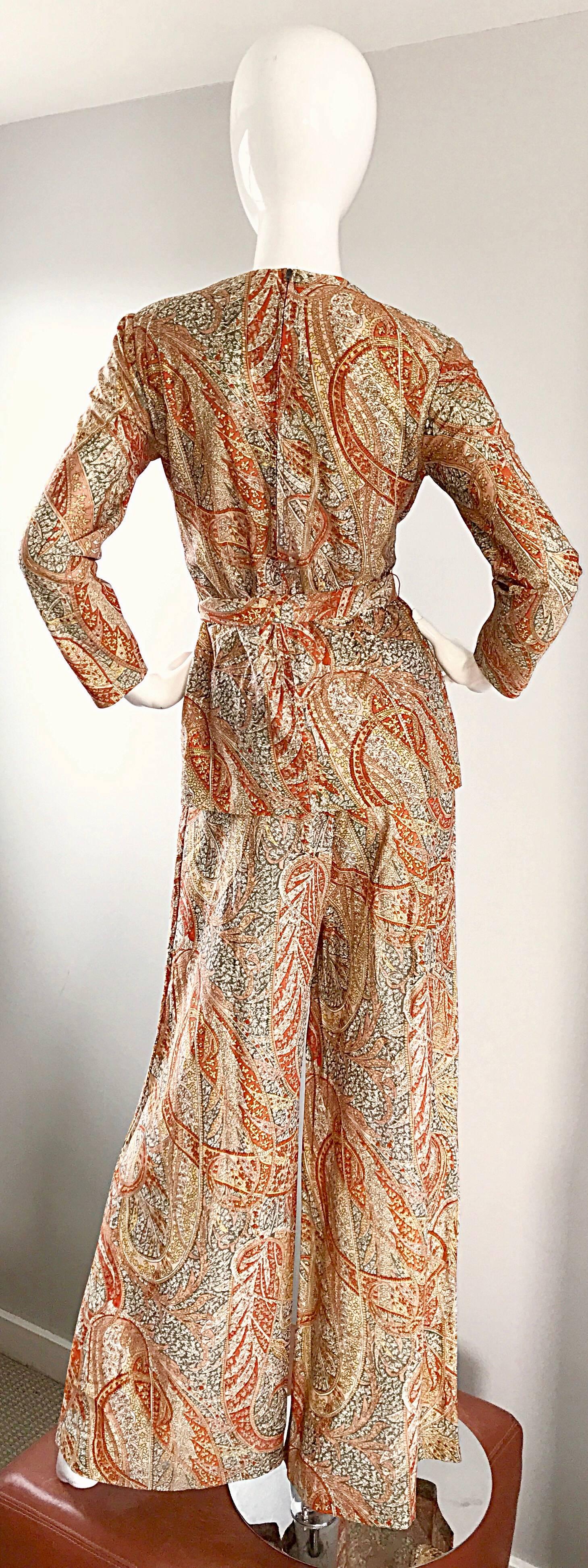 Incredible 3 Piece 1970s Tunic, Pants, & Belt Metallic Paisley Bell Bottom Suit In Excellent Condition In San Diego, CA