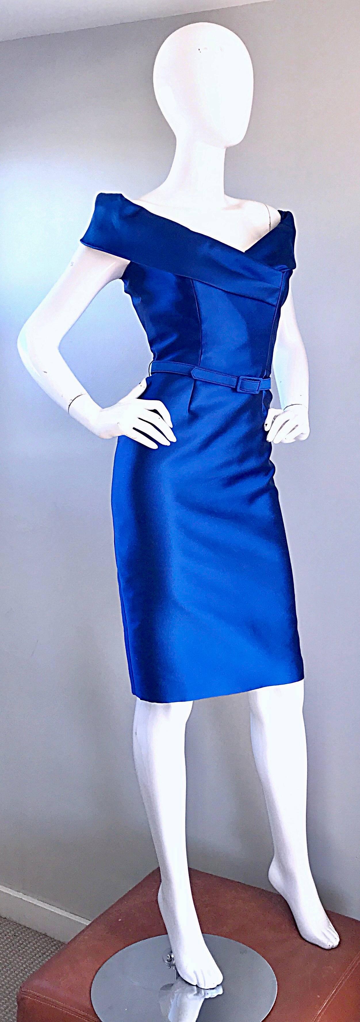 Catherine Regehr Saks 5th Ave Royal Blue Silk Off - Shoulder Belted Dress Size 6 In Excellent Condition In San Diego, CA