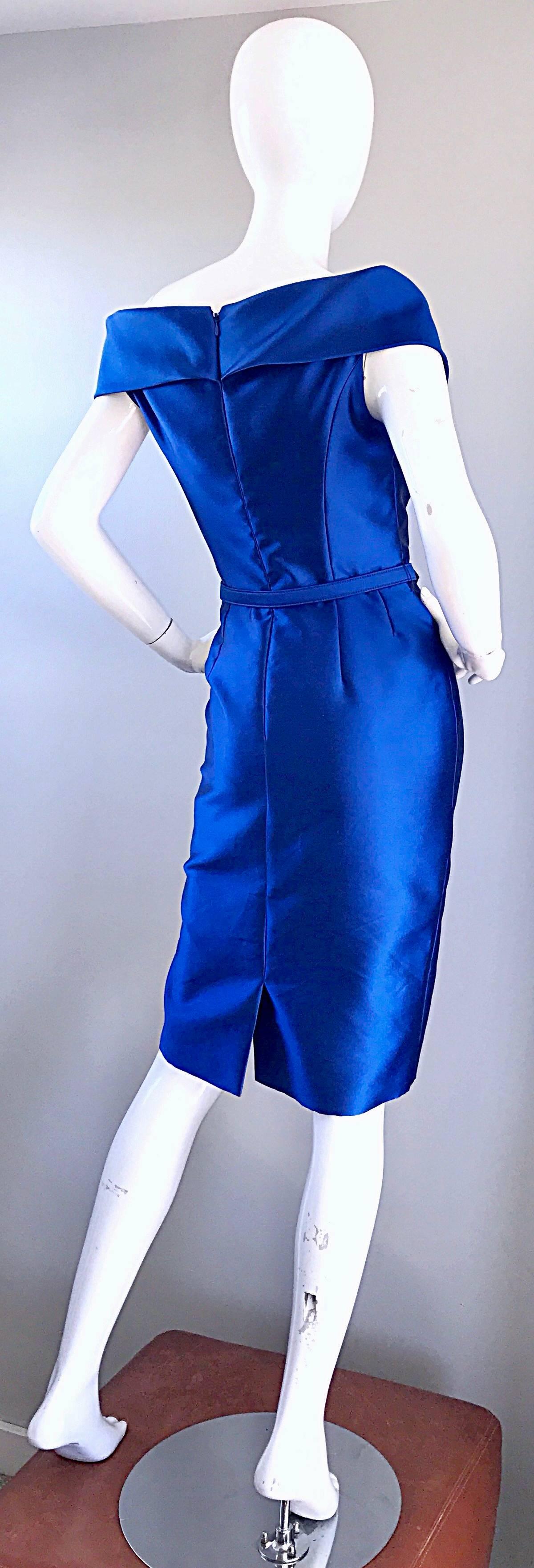 Women's Catherine Regehr Saks 5th Ave Royal Blue Silk Off - Shoulder Belted Dress Size 6