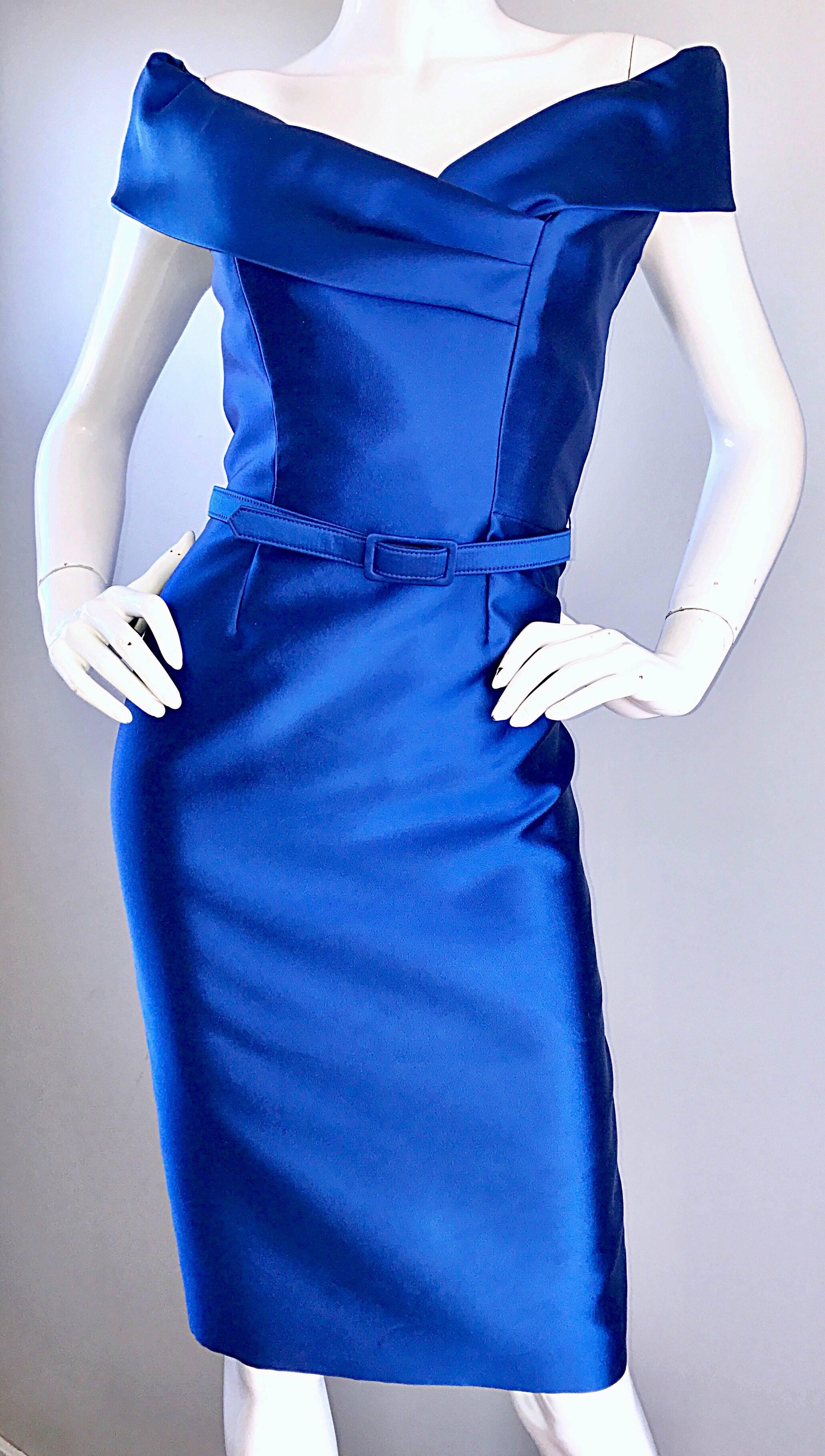 Catherine Regehr Saks 5th Ave Royal Blue Silk Off - Shoulder Belted Dress Size 6 1