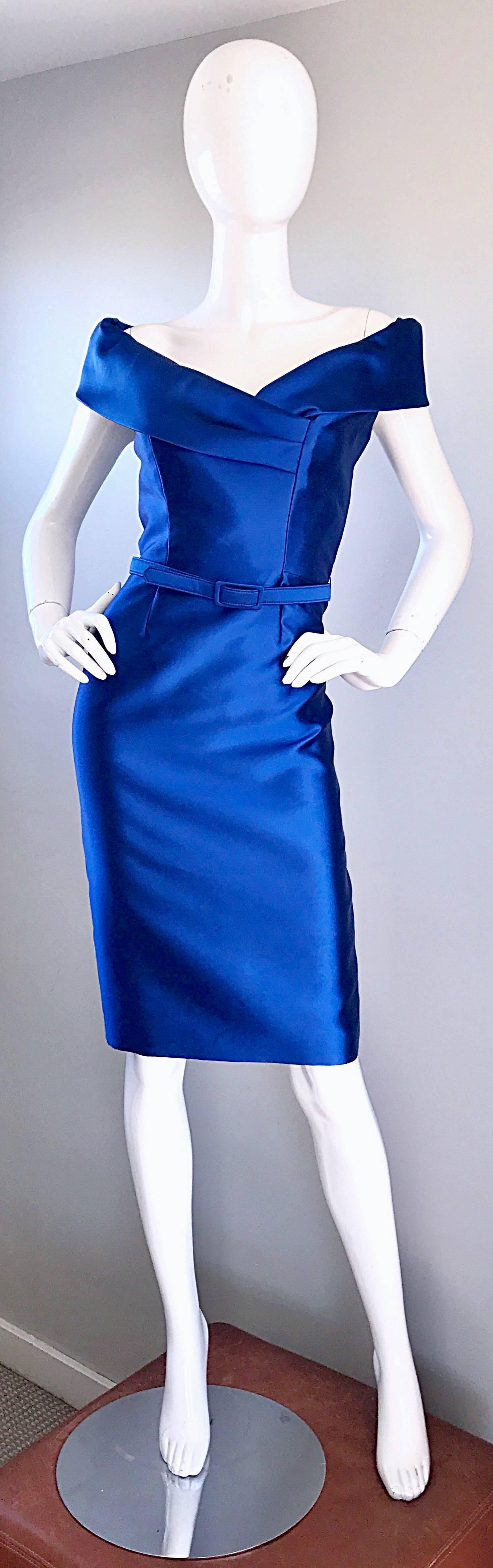 Catherine Regehr Saks 5th Ave Royal Blue Silk Off - Shoulder Belted Dress Size 6 2