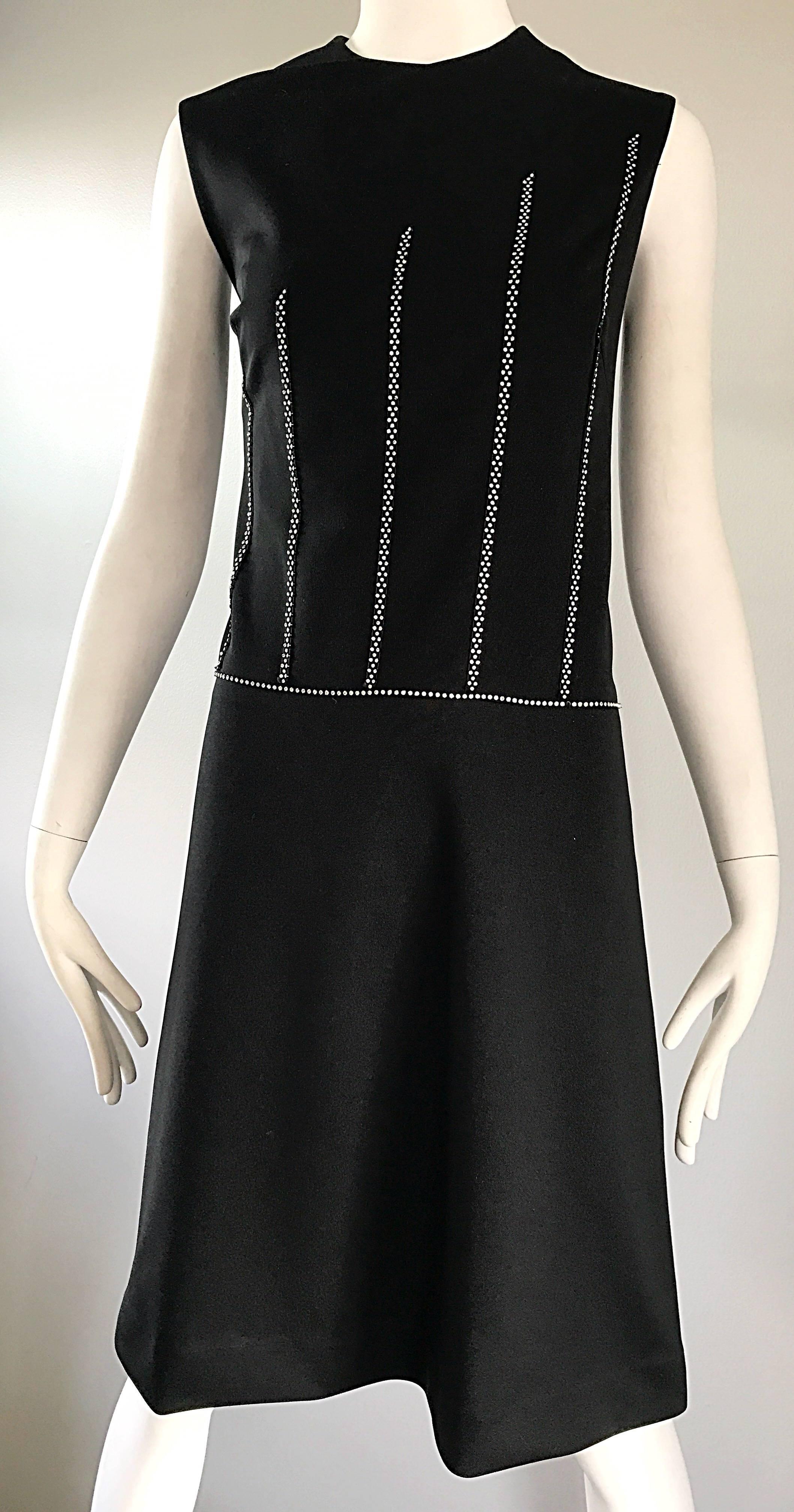 Women's Chic 1960s Italian Black Knit Rhinestone Vintage 60s Shift A - Line Mod Dress For Sale