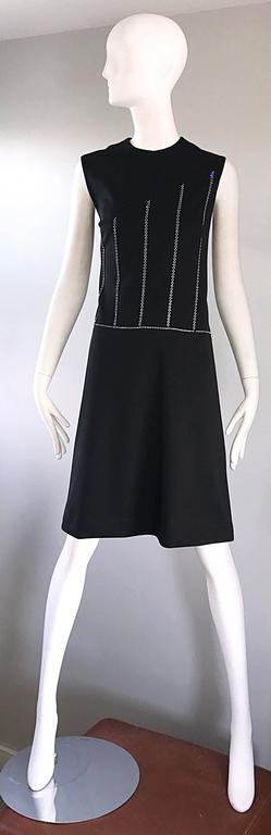 Chic 1960s Italian Black Knit Rhinestone Vintage 60s Shift A - Line Mod Dress