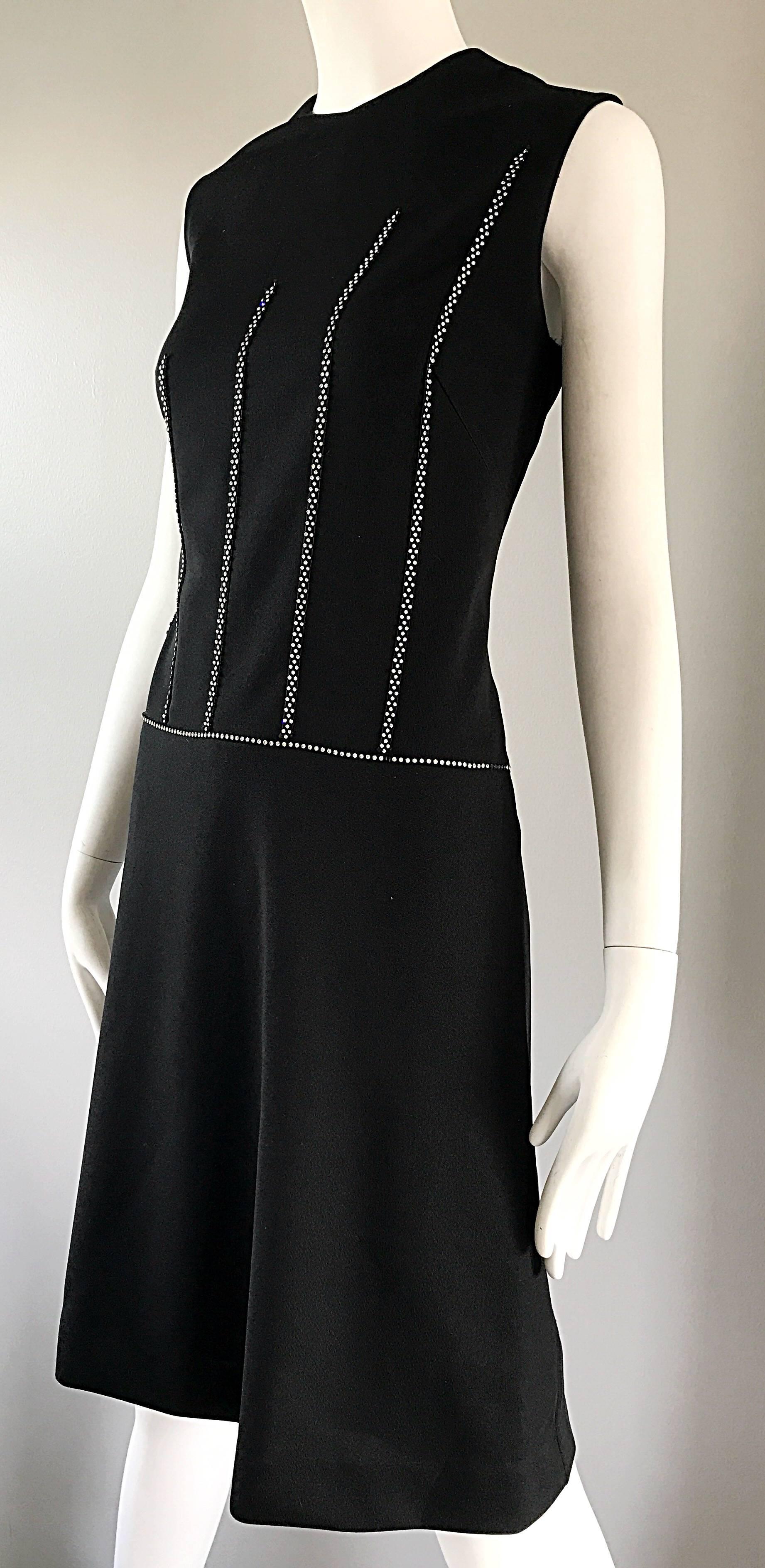 Chic 1960s Italian Black Knit Rhinestone Vintage 60s Shift A - Line Mod Dress For Sale 2