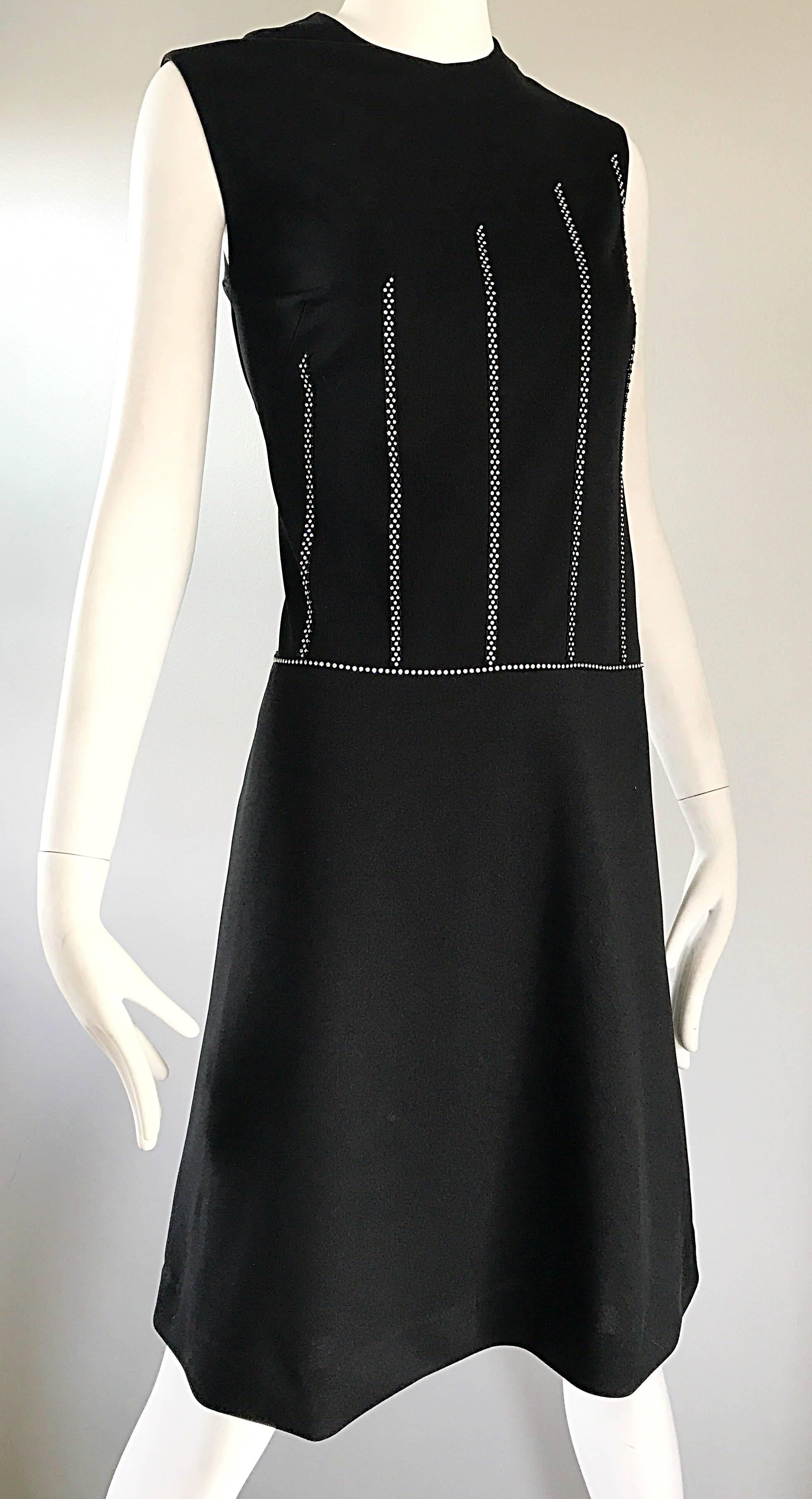 Chic 1960s Italian Black Knit Rhinestone Vintage 60s Shift A - Line Mod Dress For Sale 3