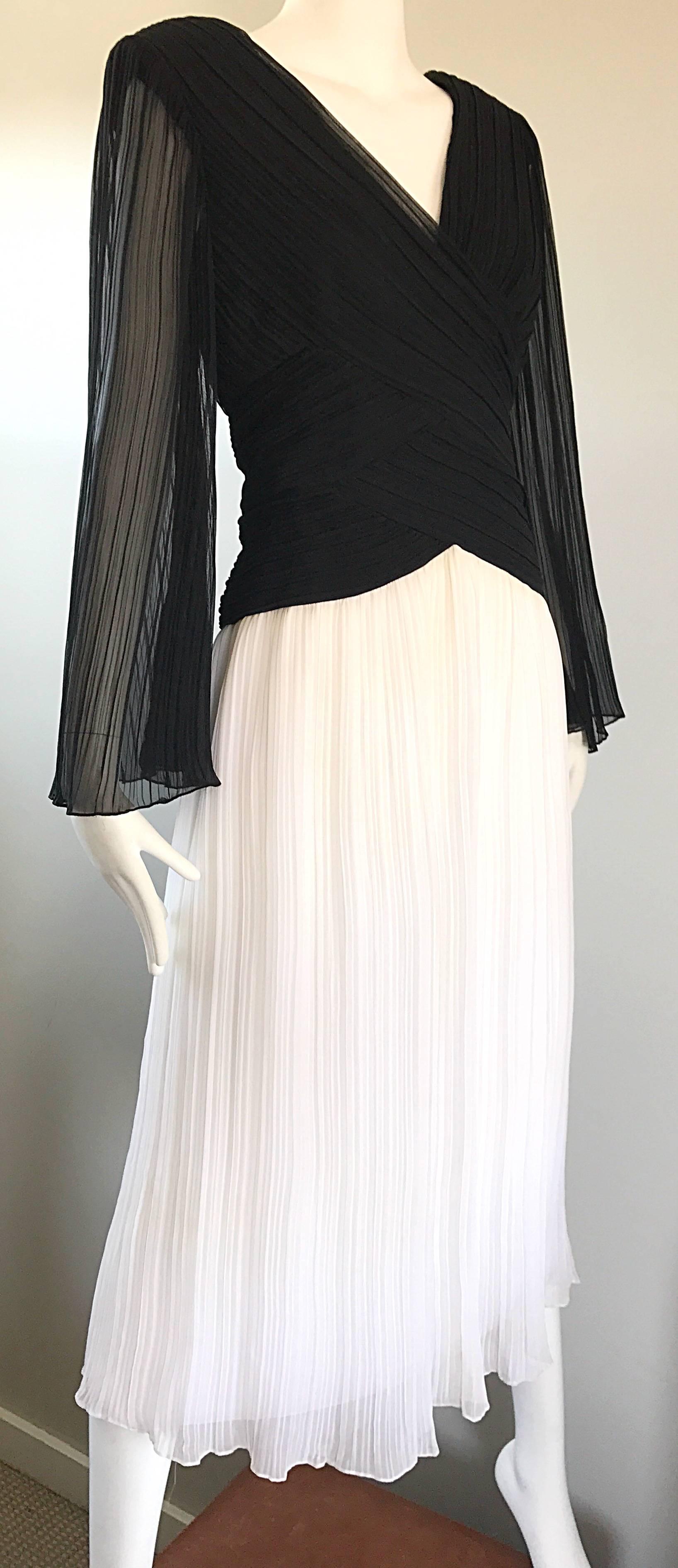 Beige 1970s Jill Richards Black and White Pleated Bell Sleeve Chiffon 70s Midi Dress 