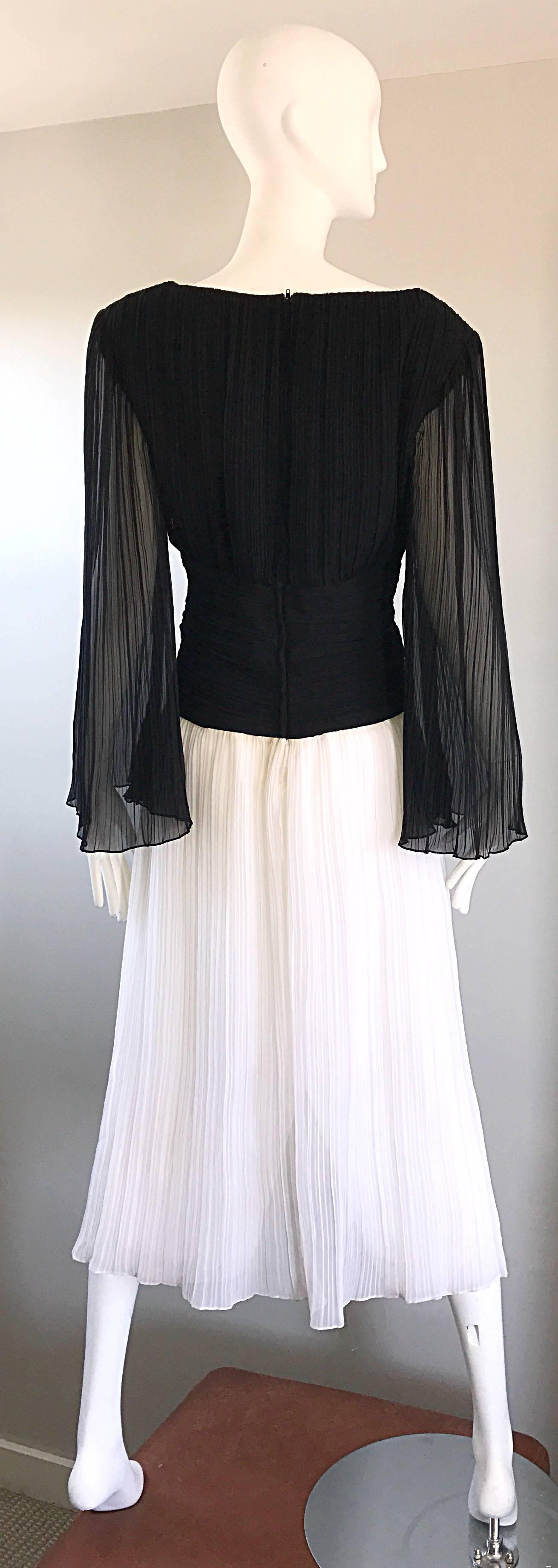 1970s Jill Richards Black and White Pleated Bell Sleeve Chiffon 70s Midi Dress  In Excellent Condition In San Diego, CA