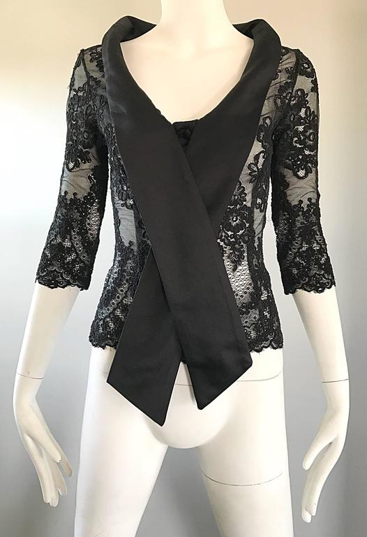 Vintage Rose Taft Couture 1990s Black Chantilly French Lace 3/4 Sleeve Blouse In Excellent Condition For Sale In San Diego, CA