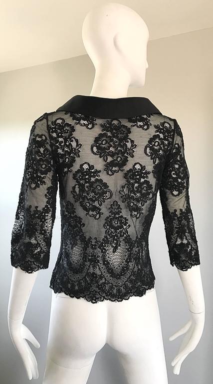 Women's Vintage Rose Taft Couture 1990s Black Chantilly French Lace 3/4 Sleeve Blouse For Sale