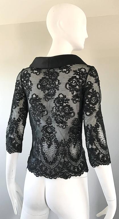 Vintage Rose Taft Couture 1990s Black Chantilly French Lace 3/4 Sleeve Blouse For Sale 2