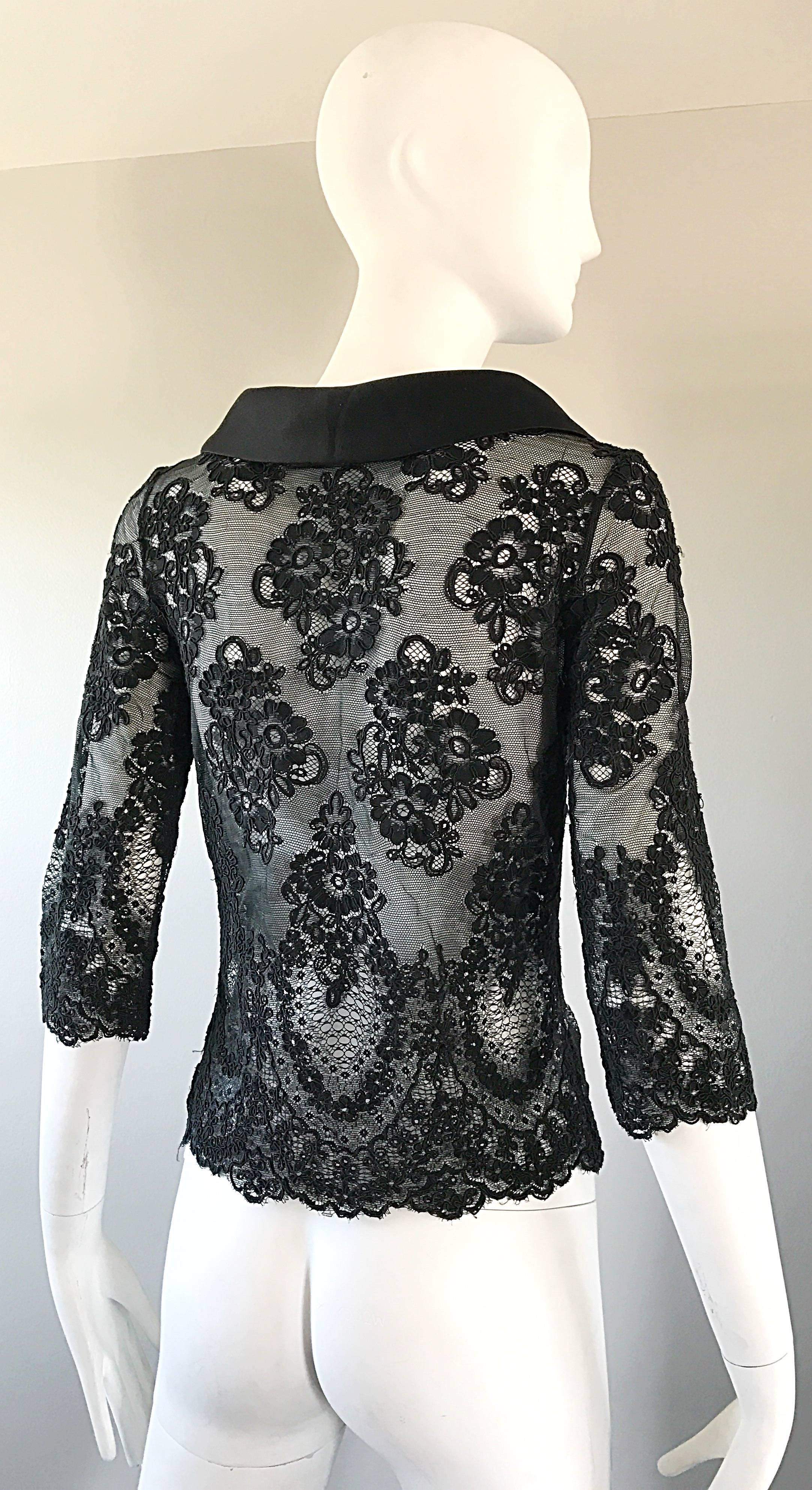 Vintage Rose Taft Couture 1990s Black Chantilly French Lace 3/4 Sleeve Blouse For Sale 1