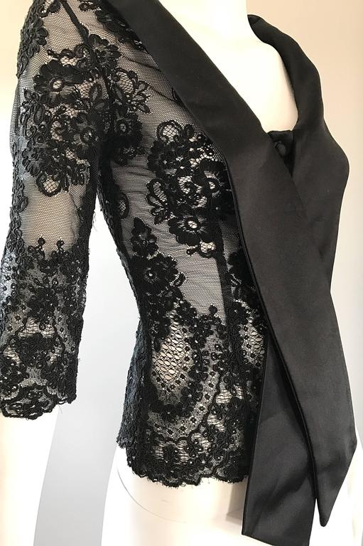 Vintage Rose Taft Couture 1990s Black Chantilly French Lace 3/4 Sleeve Blouse For Sale 3