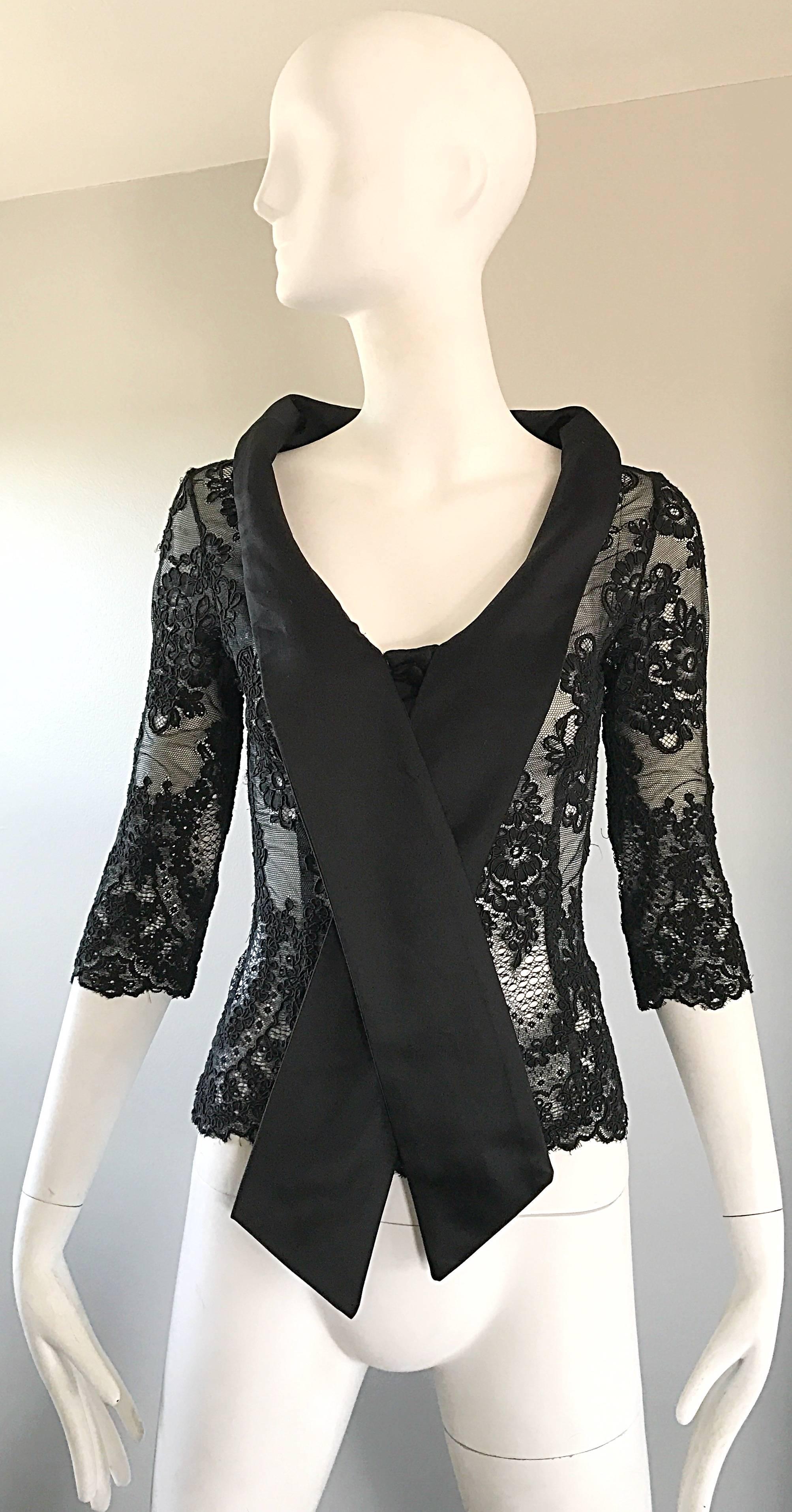 Vintage Rose Taft Couture 1990s Black Chantilly French Lace 3/4 Sleeve Blouse For Sale 4