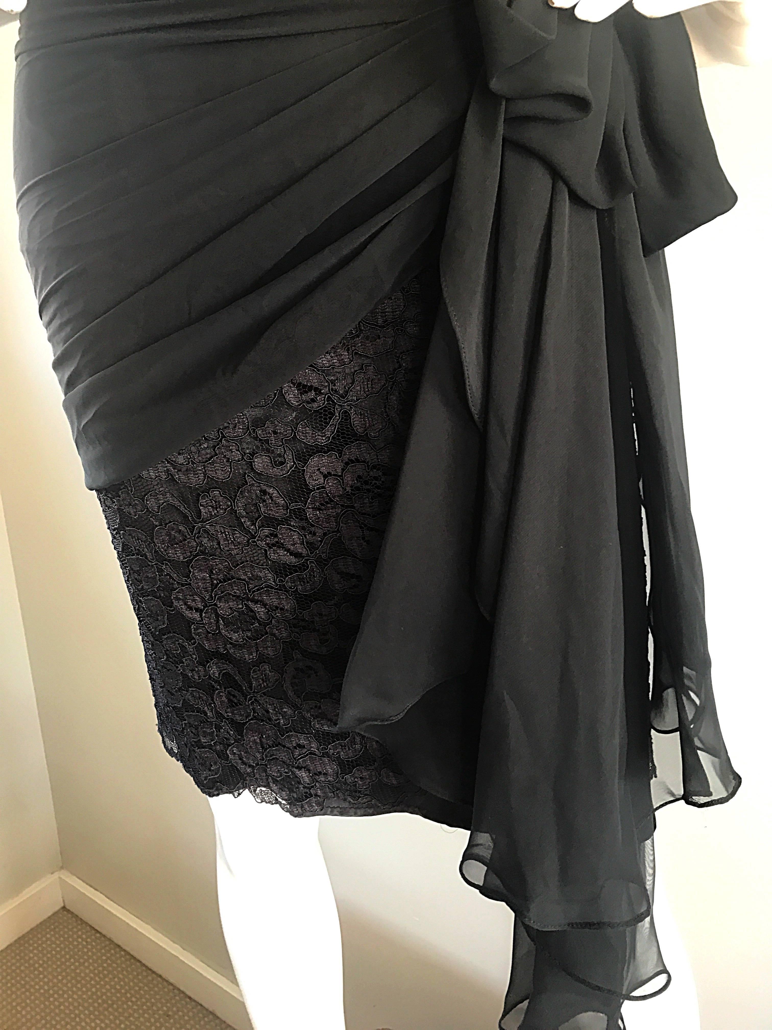 Women's Size 8 / 10 Vintage Tadashi 80s Black Strapless Chiffon Lace Rhinestone Dress