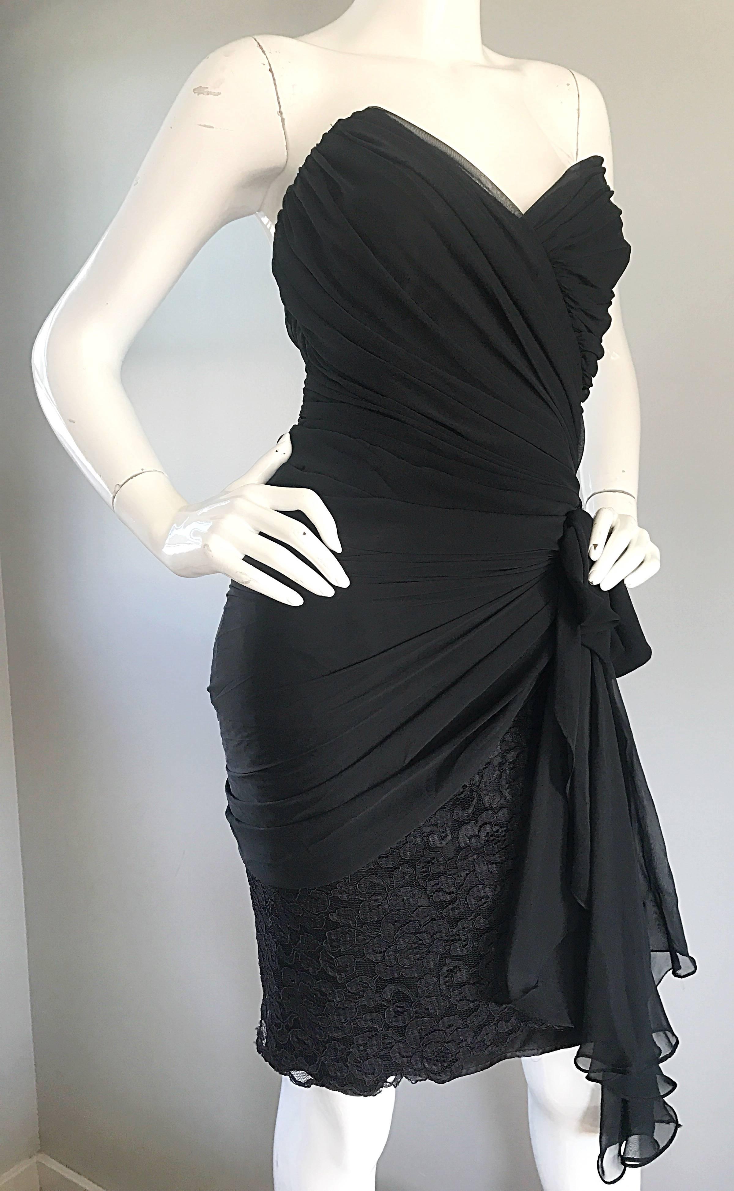 Size 8 / 10 Vintage Tadashi 80s Black Strapless Chiffon Lace Rhinestone Dress 1