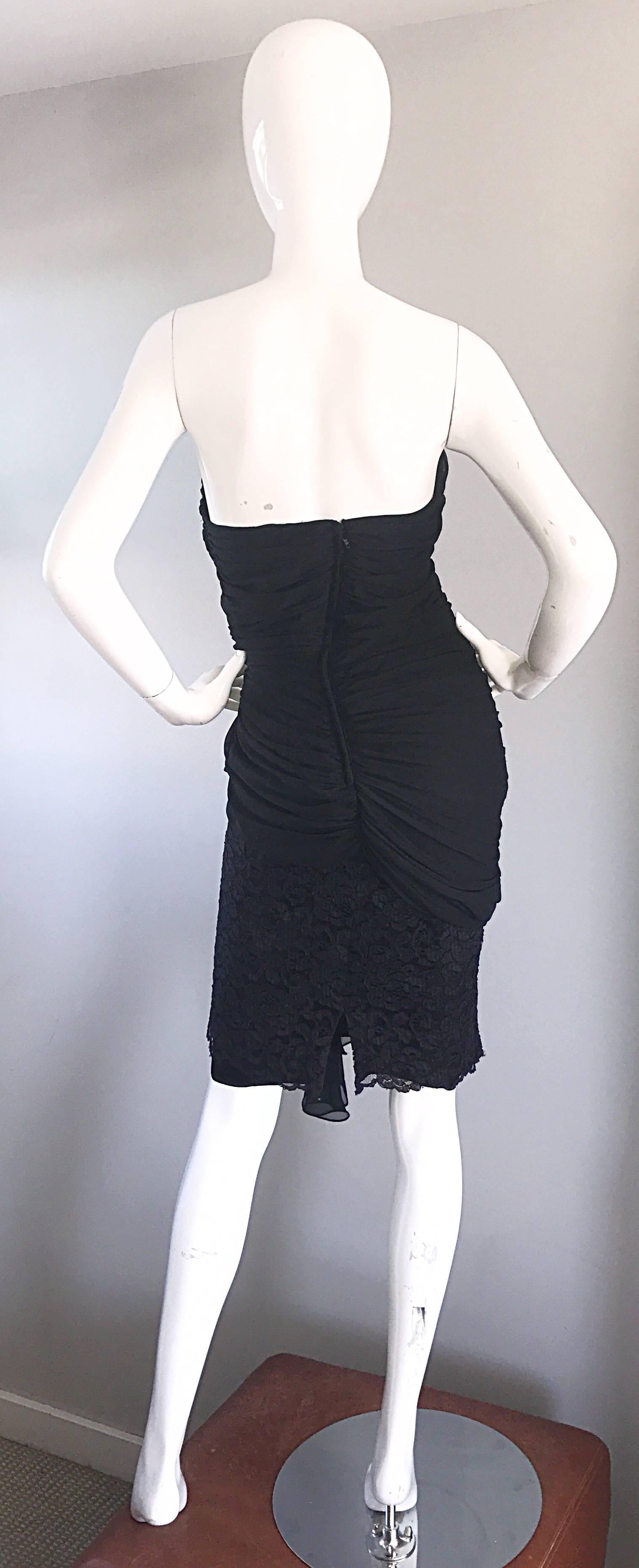 Size 8 / 10 Vintage Tadashi 80s Black Strapless Chiffon Lace Rhinestone Dress 2