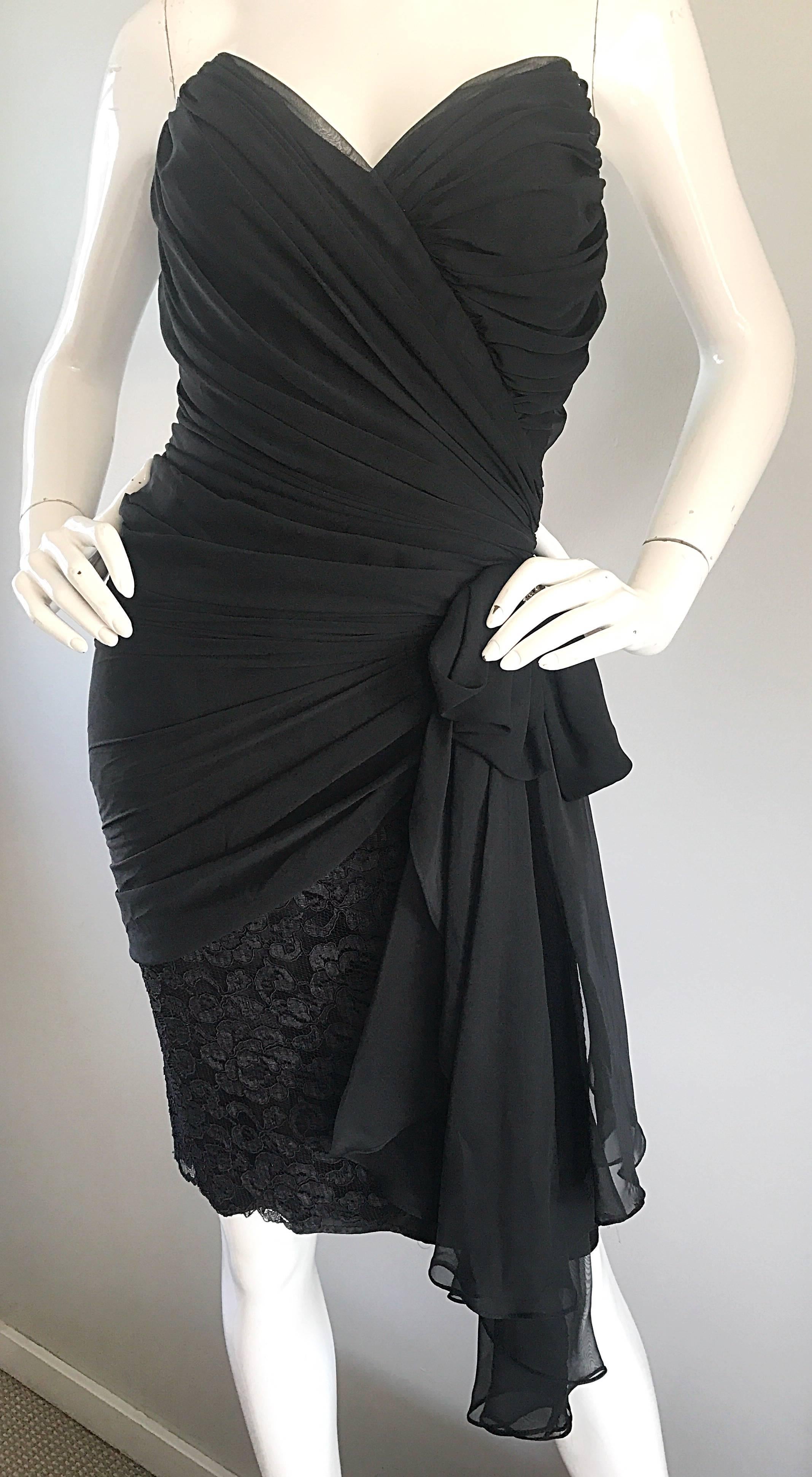 Size 8 / 10 Vintage Tadashi 80s Black Strapless Chiffon Lace Rhinestone Dress 3