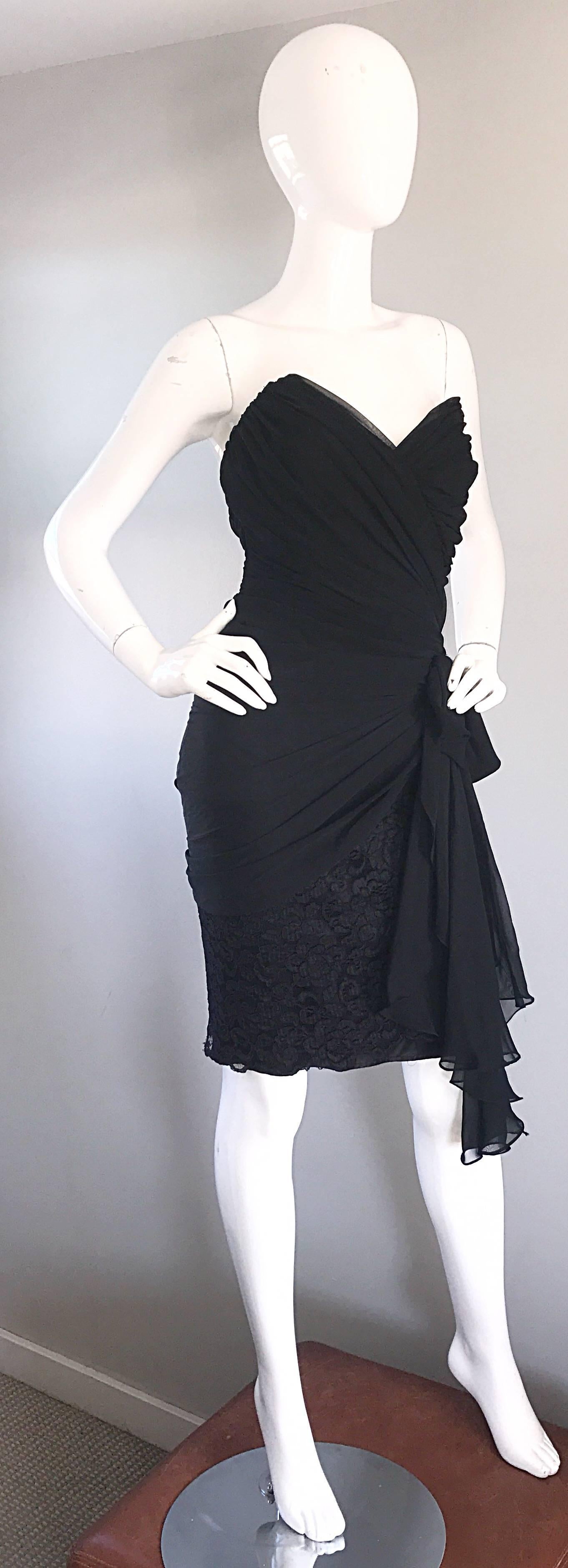 Size 8 / 10 Vintage Tadashi 80s Black Strapless Chiffon Lace Rhinestone Dress 4