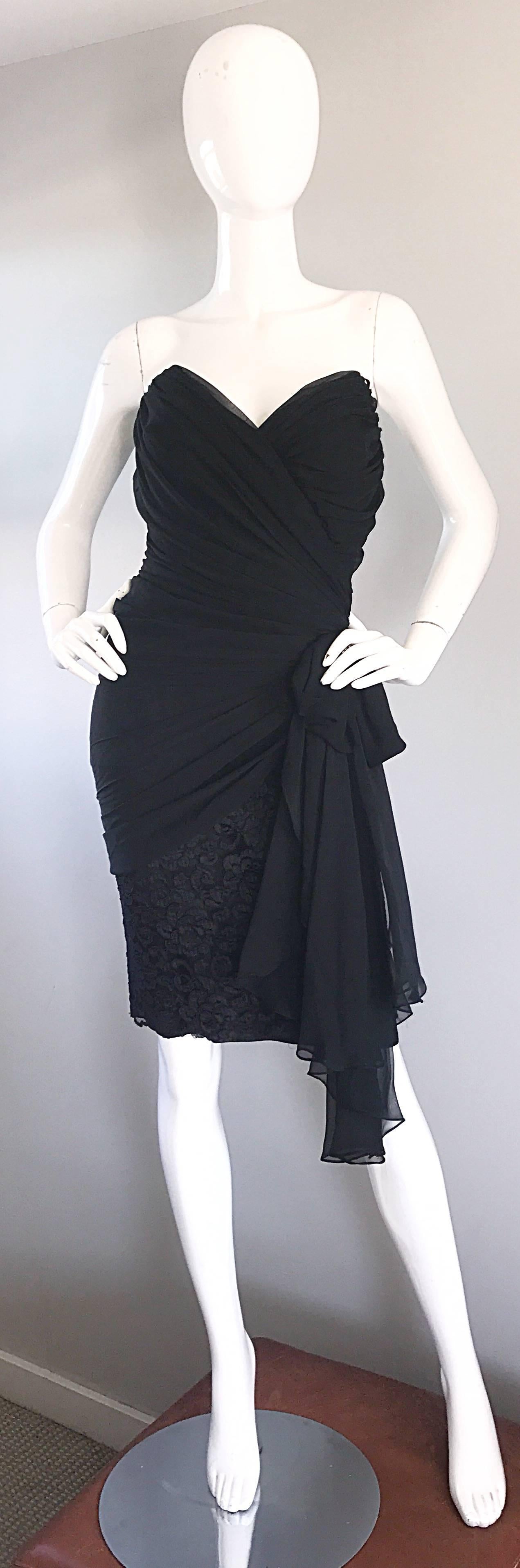 Size 8 / 10 Vintage Tadashi 80s Black Strapless Chiffon Lace Rhinestone Dress 5