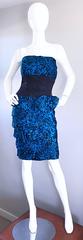 Fabulous 1980s Vintage Blue and Black Leopard Print Silk Strapless 80s Bow Dress