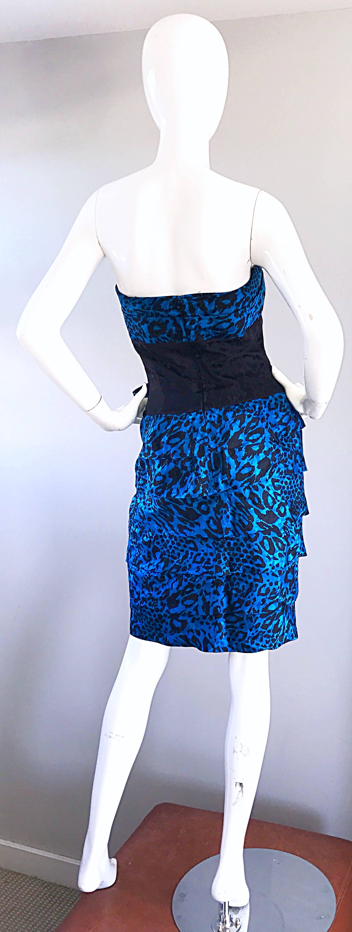 Women's Fabulous 1980s Vintage Blue and Black Leopard Print Silk Strapless 80s Bow Dress