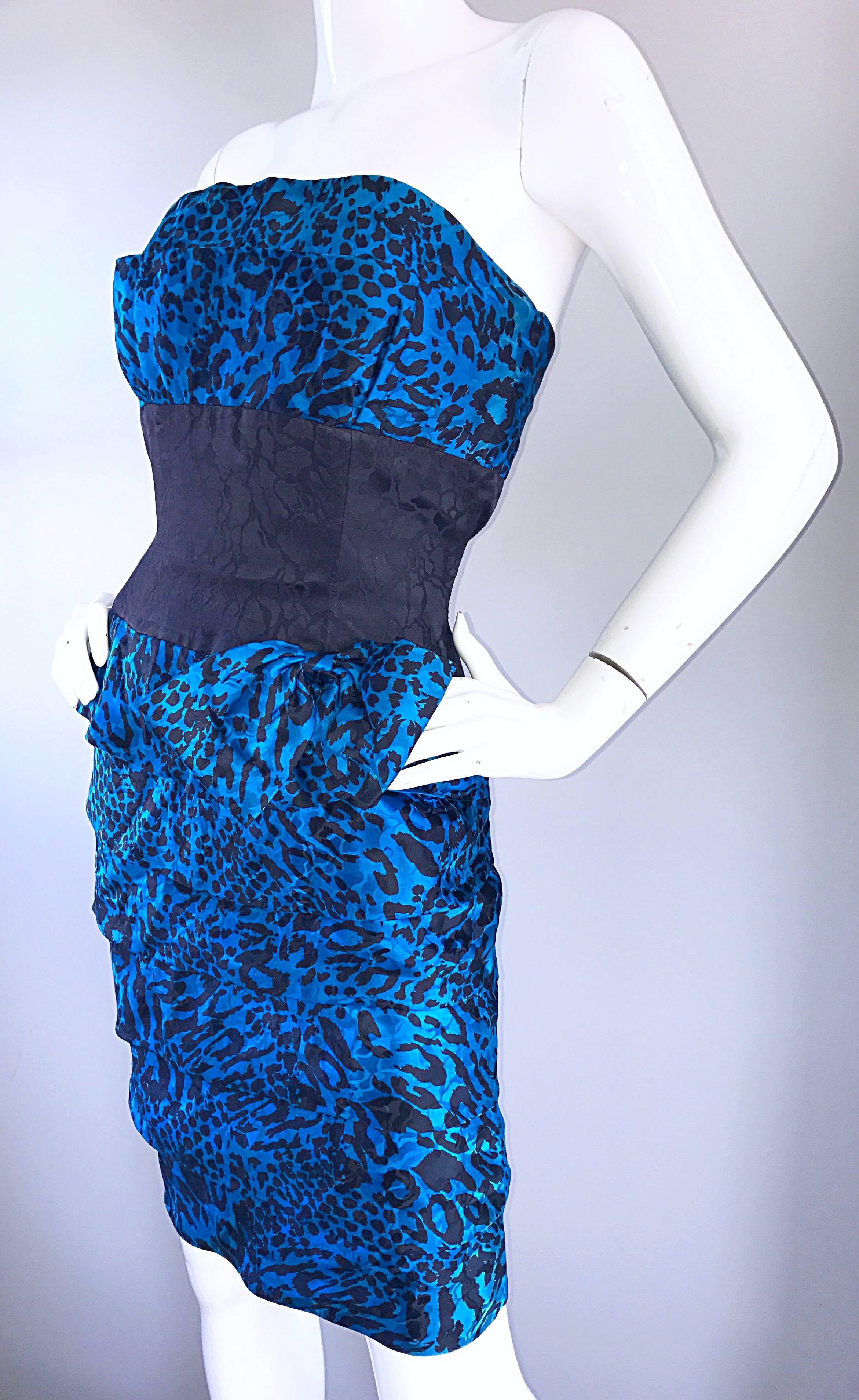 Fabulous 1980s Vintage Blue and Black Leopard Print Silk Strapless 80s Bow Dress 2