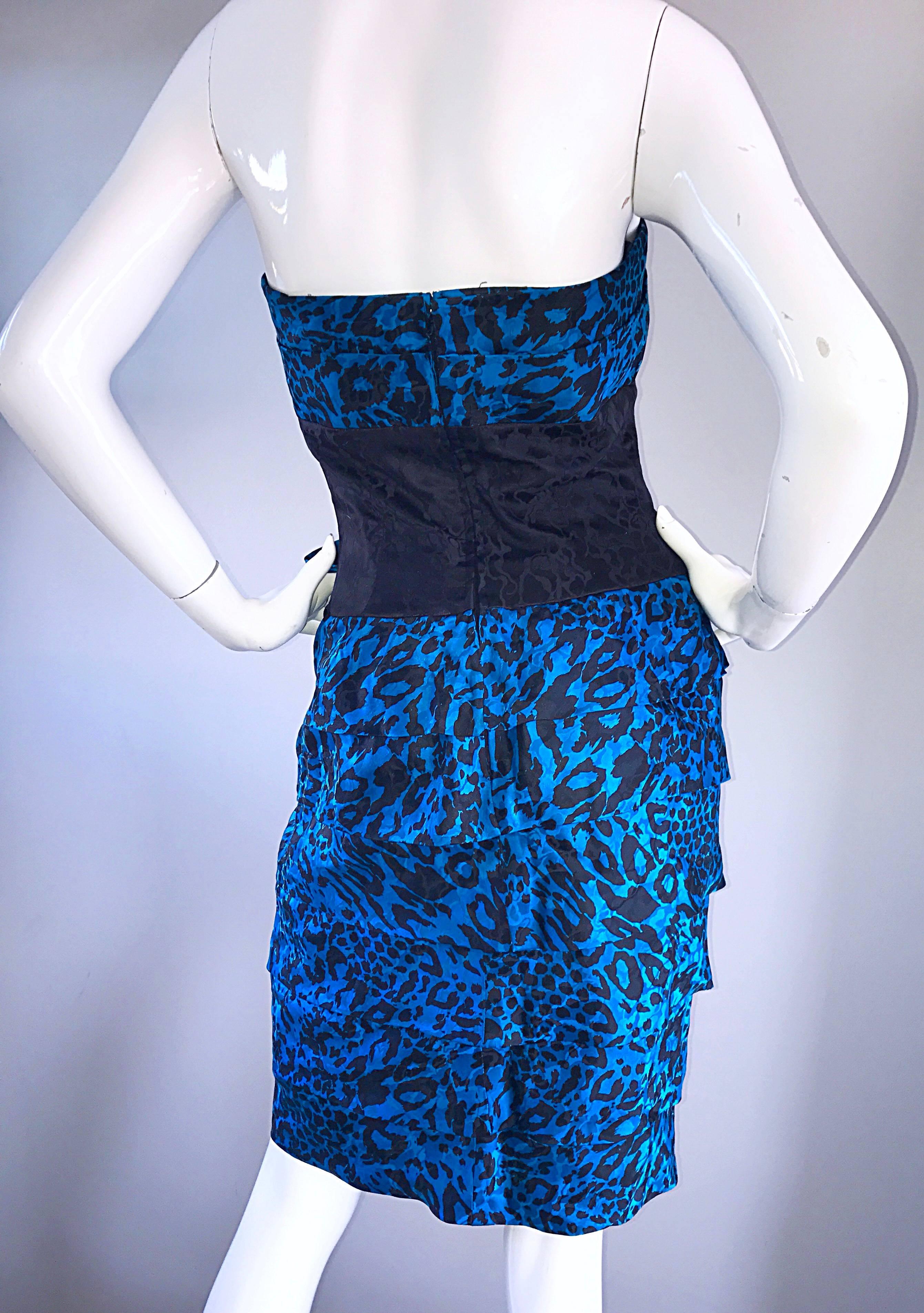 Fabulous 1980s Vintage Blue and Black Leopard Print Silk Strapless 80s Bow Dress 4