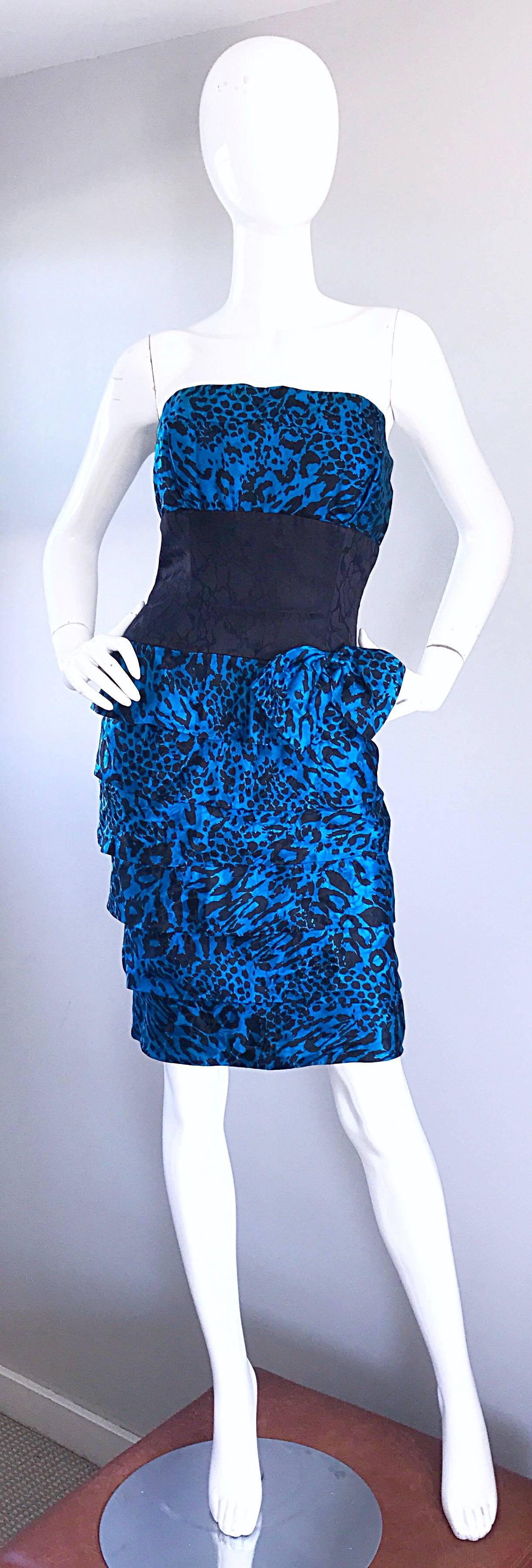 Fabulous 1980s Vintage Blue and Black Leopard Print Silk Strapless 80s Bow Dress 5