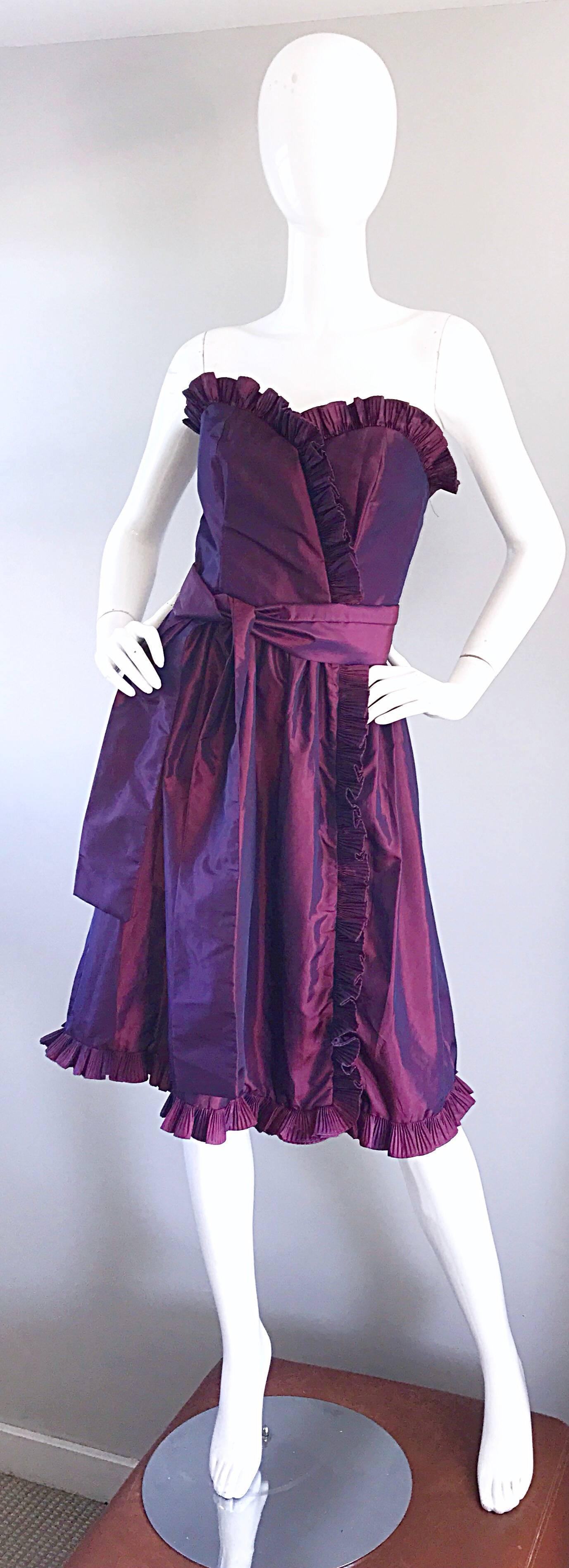 Incredible vintage 1980s / 80s VICTOR COSTA for NEIMAN MARCUS purple silk taffeta strapless dress and sash belt! Features accordian pleated ruffle along the bodice, down the front side, and at the hem. Flattering fitted boned bodice that holds