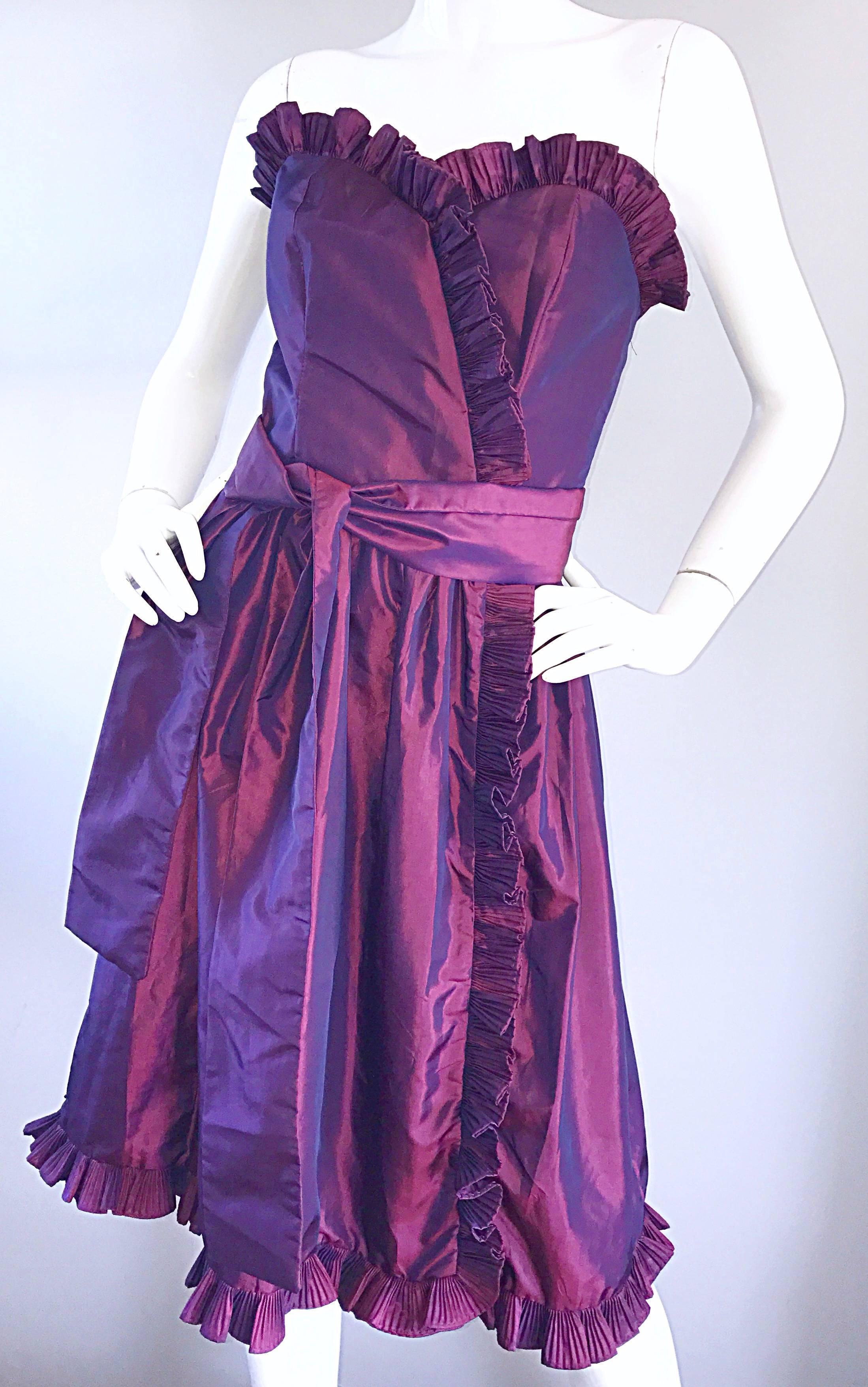 Gray Vintage 80s Victor Costa Neiman Marcus Purple Metallic Silk Taffeta Dress + Belt For Sale