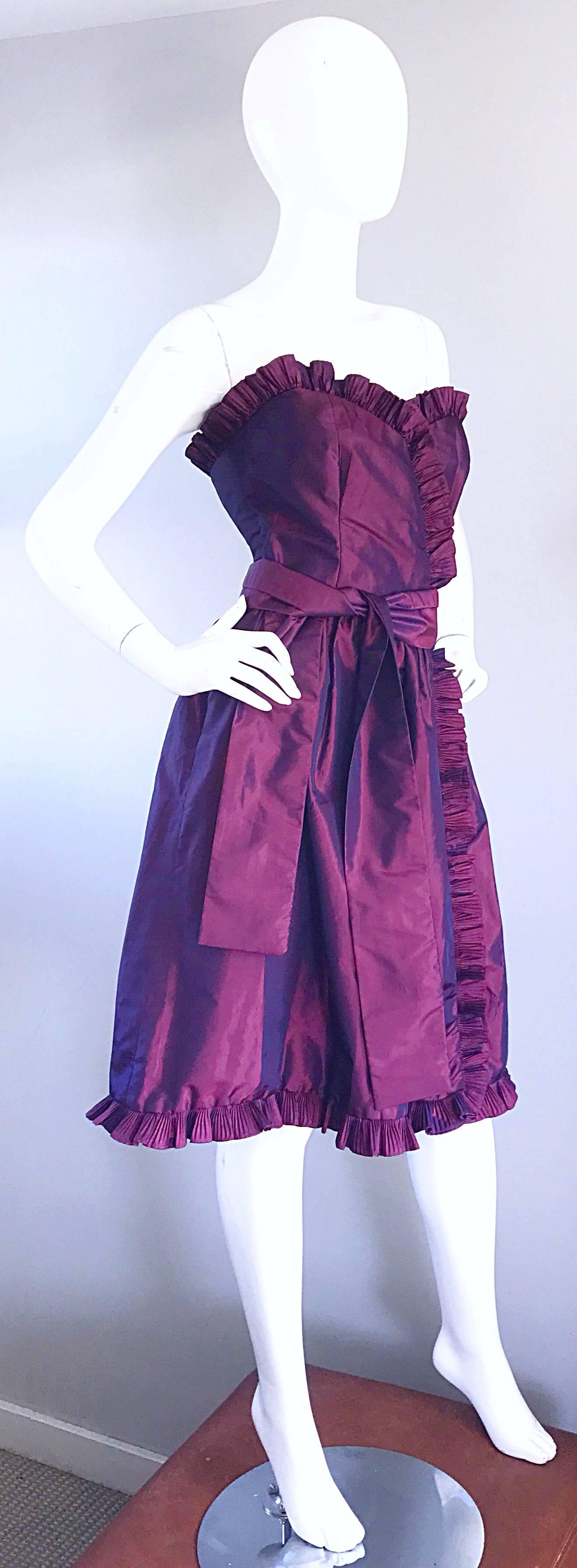 Vintage 80s Victor Costa Neiman Marcus Purple Metallic Silk Taffeta Dress + Belt In Excellent Condition For Sale In San Diego, CA