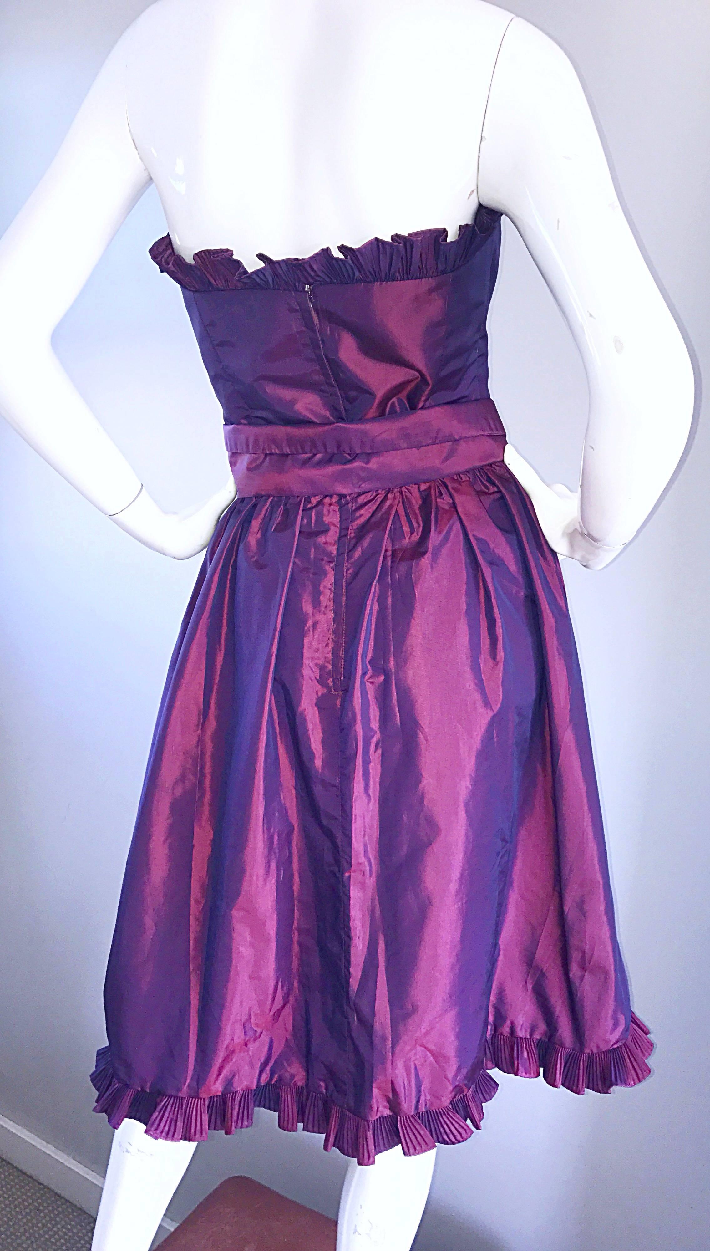 Women's Vintage 80s Victor Costa Neiman Marcus Purple Metallic Silk Taffeta Dress + Belt For Sale