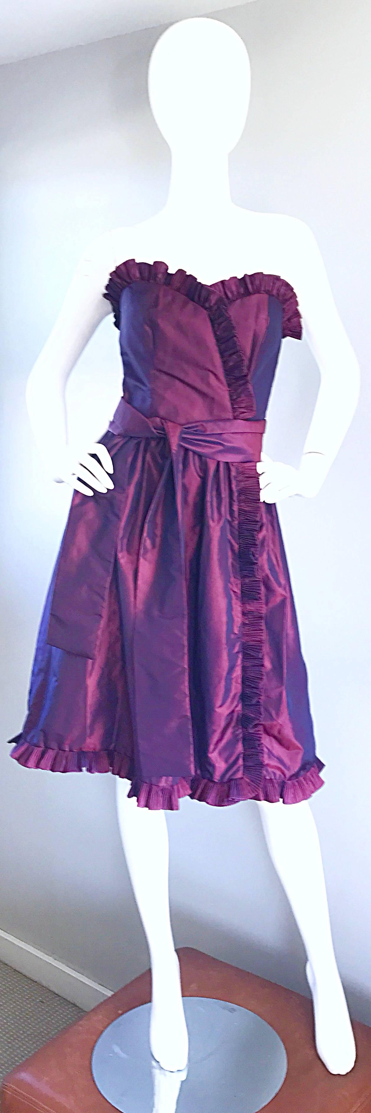 Vintage 80s Victor Costa Neiman Marcus Purple Metallic Silk Taffeta Dress + Belt For Sale 1