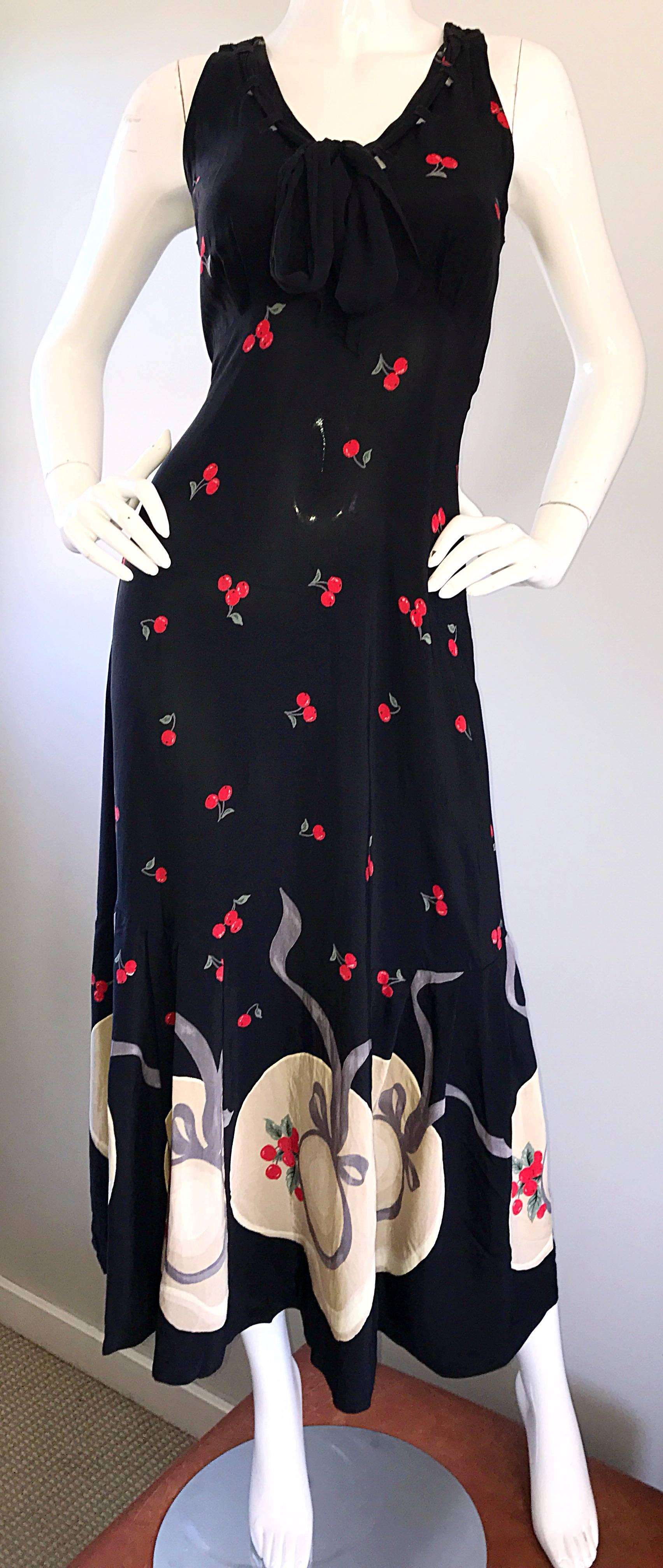Chic Vintage Karen Alexander ' Cherries and Hats ' Novelty Print 90s Maxi Dress In Excellent Condition In San Diego, CA