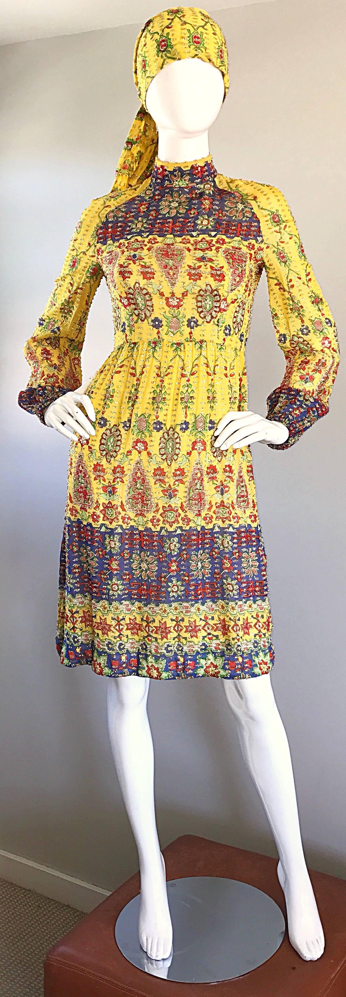 Fantastic early 1970s RODRIGUES silk chiffon hand painted Watercolor boho dress! Features incredible abstract prints in vibrant blue, red, and green with gold silk threading throughout. Flattering tailored bodice with a high neck. Included matching