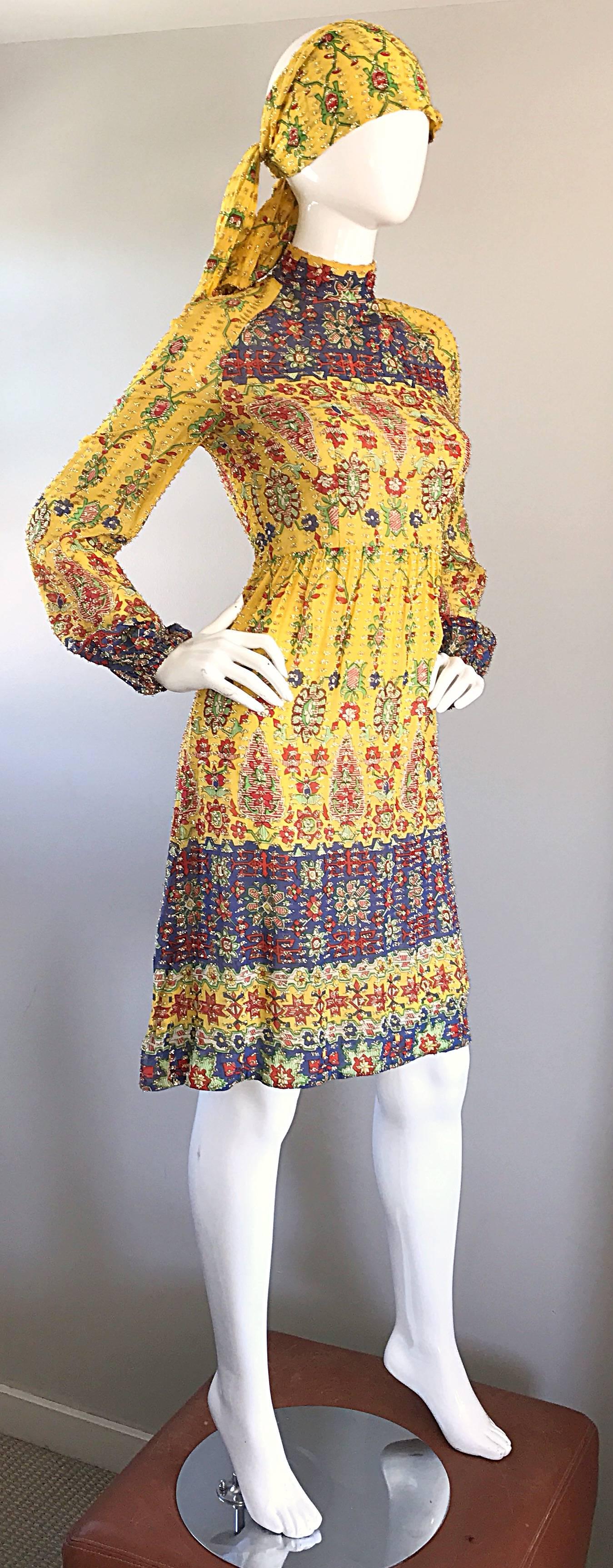 Beige Amazing Vintage Rodrigues 1970s Yellow Silk 70s Dress and Head Scarf / Belt