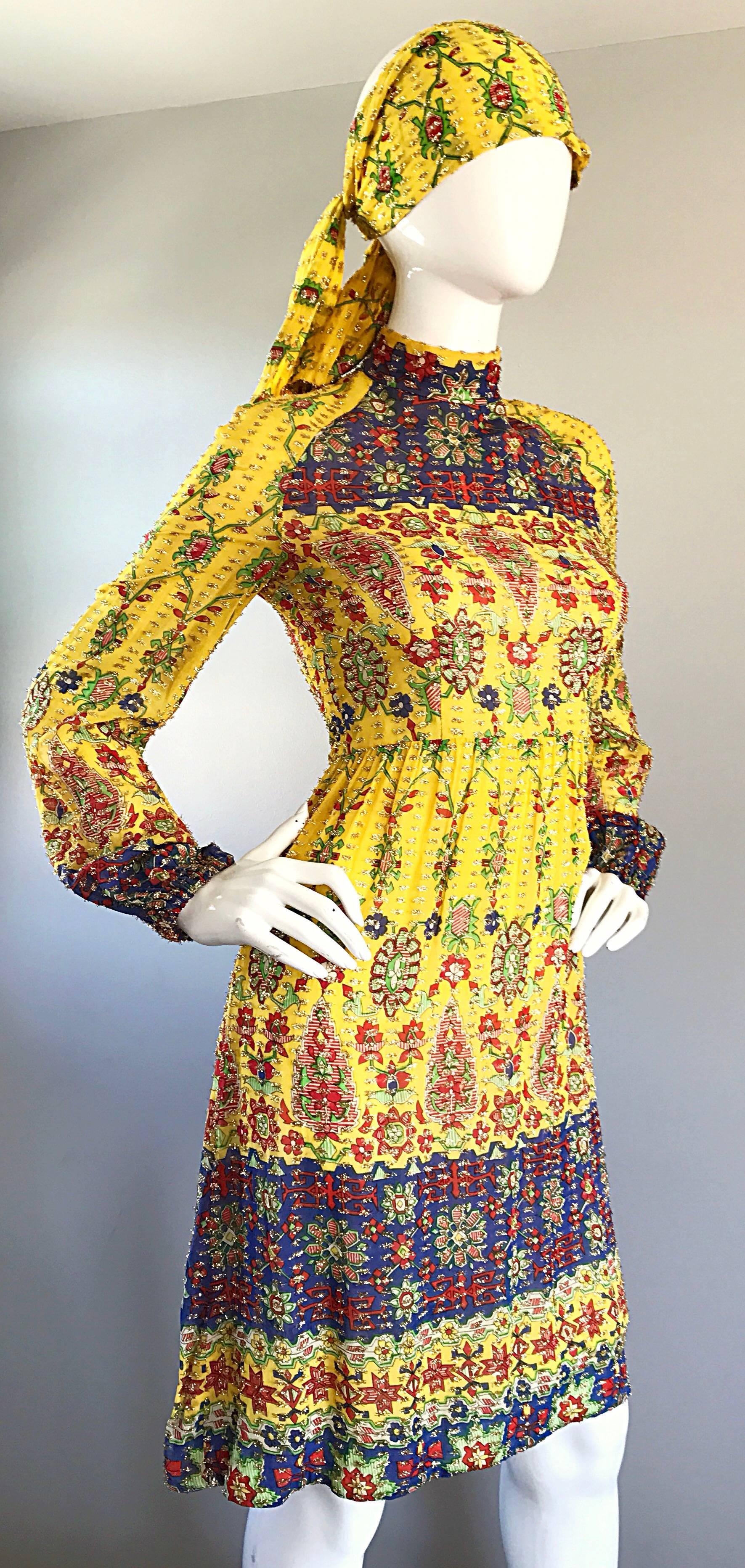 Women's Amazing Vintage Rodrigues 1970s Yellow Silk 70s Dress and Head Scarf / Belt