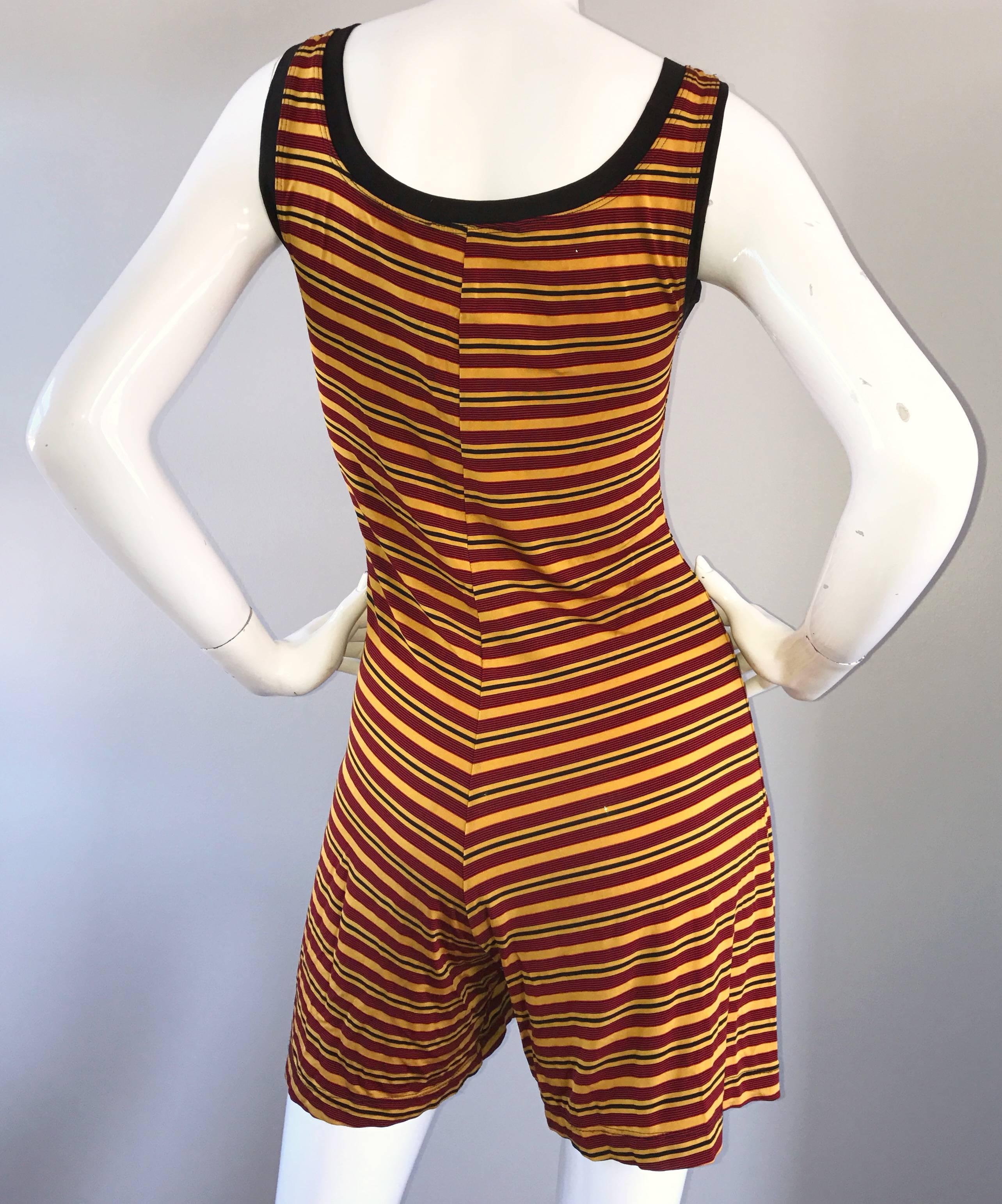 Women's Vintage Betsey Johnson 1920s Inspired 1990s Yellow and Maroon Striped 90s Romper For Sale