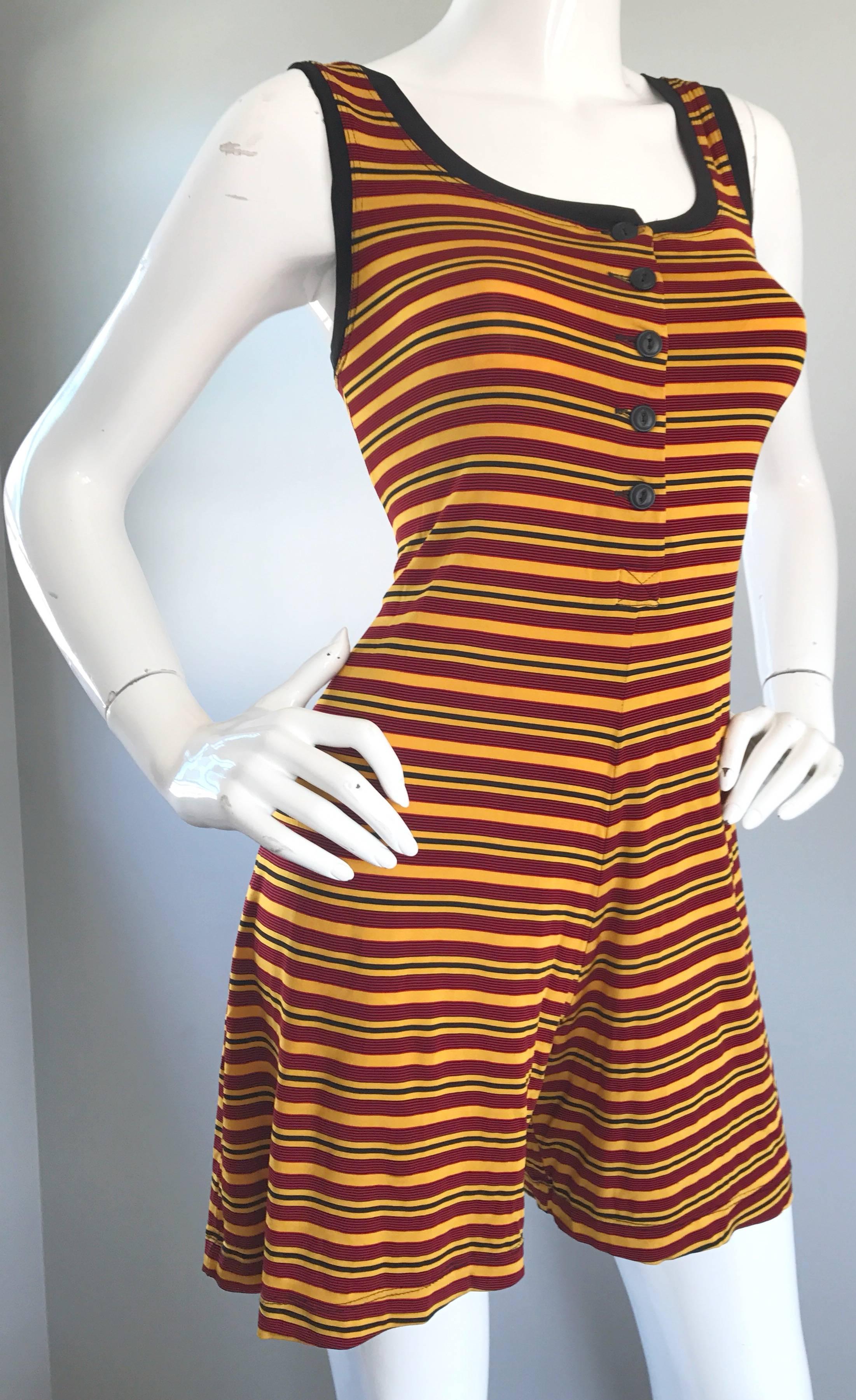 Vintage Betsey Johnson 1920s Inspired 1990s Yellow and Maroon Striped 90s Romper For Sale 1